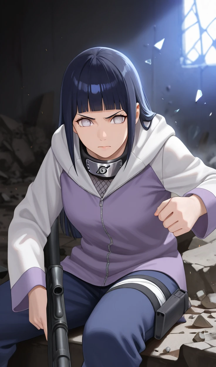 1girl,solo,Hinata Hyuga,long hair,blunt bangs,dark blue hair,light eyes,forehead protector,konohagakure symbol,purple and white hooded jacket,fishnets,blue pants,holster,bandage on thigh,serious expression, holding gun,rifle,sitting,rubble,debris,broken glass,dim lighting,artificial lighting,dramatic lighting,shadows, depth of field,background blurred,focus on character,post-apocalyptic,action scene,highres,absurdres,high resolution,amazing quality