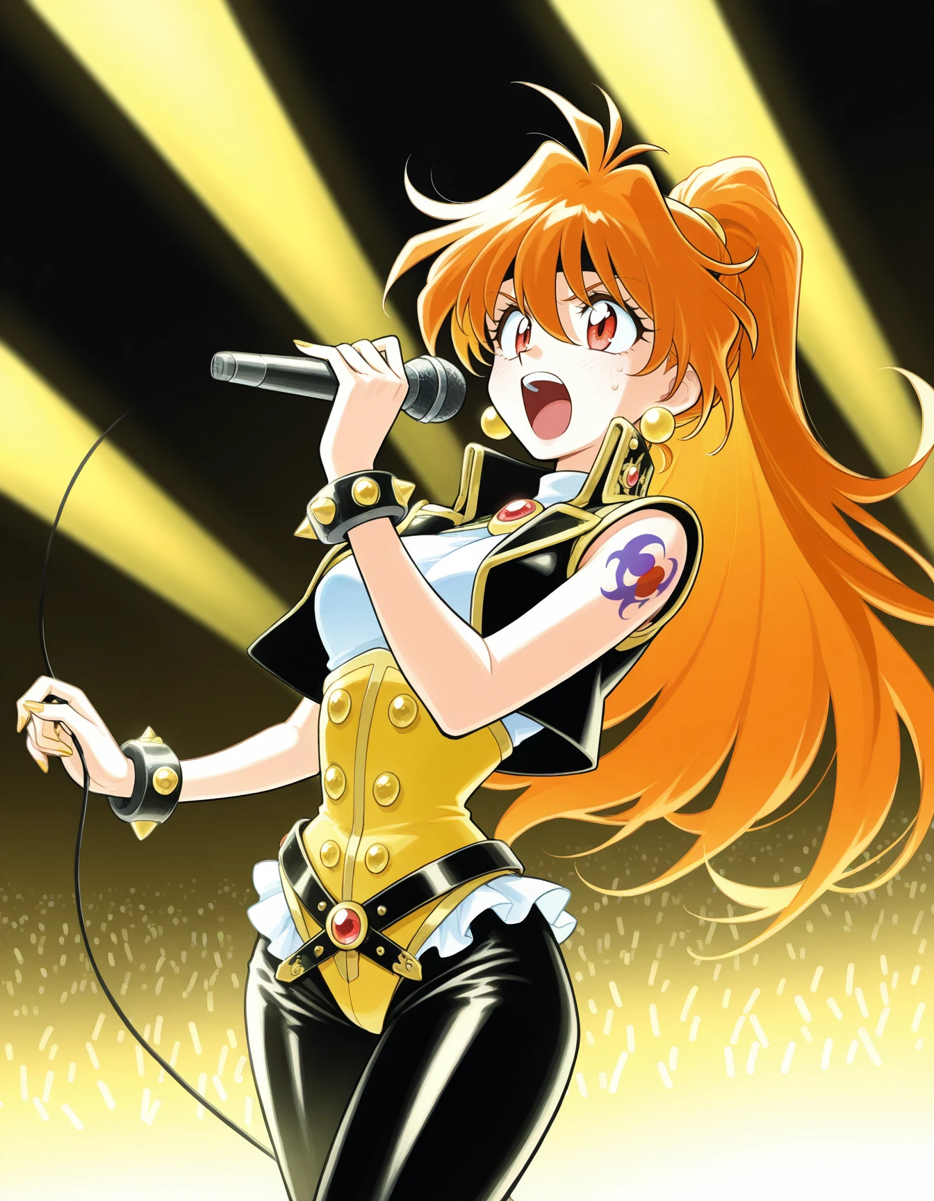 1girl,  (araizumi rui), lina inverse, solo, cowboy shot, c0rs3t,  corset, black leather pants,  double-breasted vest, bare arms, studs, mature female, ornate clothing,  gold filagree, peplum, gold trim, gold patterned clothing, white blouse,  high collar,  open mouth  <lora:BaroqueUniformCorset-ILXL2025-02-10_18-43-17-save-171-57-0:0.9>  full body, high ponytail, concert, mohawk, singing, microphone, stage lights, spiked braclets, tattoos masterpiece, best quality, very aesthetic, newest