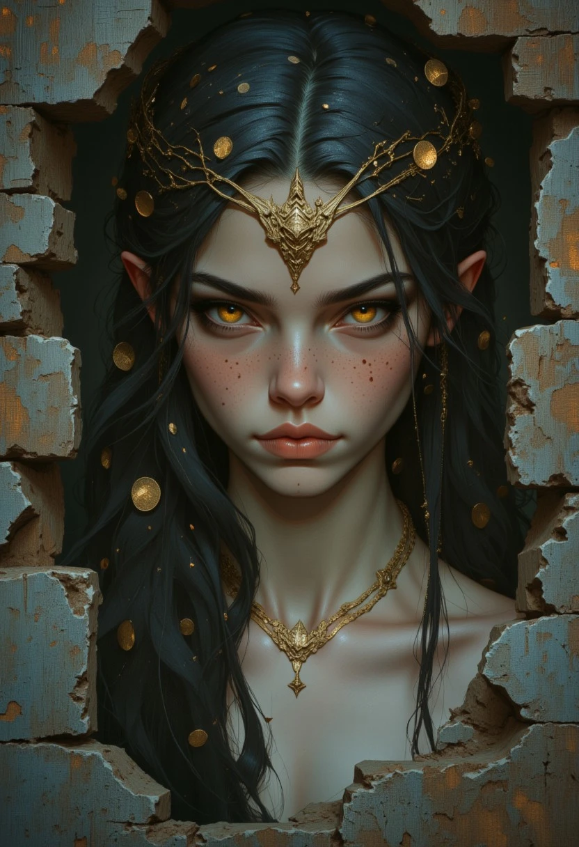 Unfazedfantasii, vantablack, OBxiaoxiang
photorealistic masterwork digital painting, hyper-realistic,
A striking gorgon, her face captivating despite the danger it holds. Her serpentine hair coils and shifts subtly, each scale catching the dim light and adding texture to her deadly elegance. Her golden eyes glimmer like polished coins, framed by a defiant gaze that seems to dare the viewer to meet them. Faint, intricate patterns resembling scales trace along her cheekbones, blending seamlessly into her smooth, pale skin. The stone ruins of an ancient temple blur softly in the background, suggesting her domain without distracting from her hypnotic visage.
The art style is highly detailed, cinematic, and fantasy-inspired, with a focus on dramatic lighting, soft glows, and a slightly dark, mystical mood.