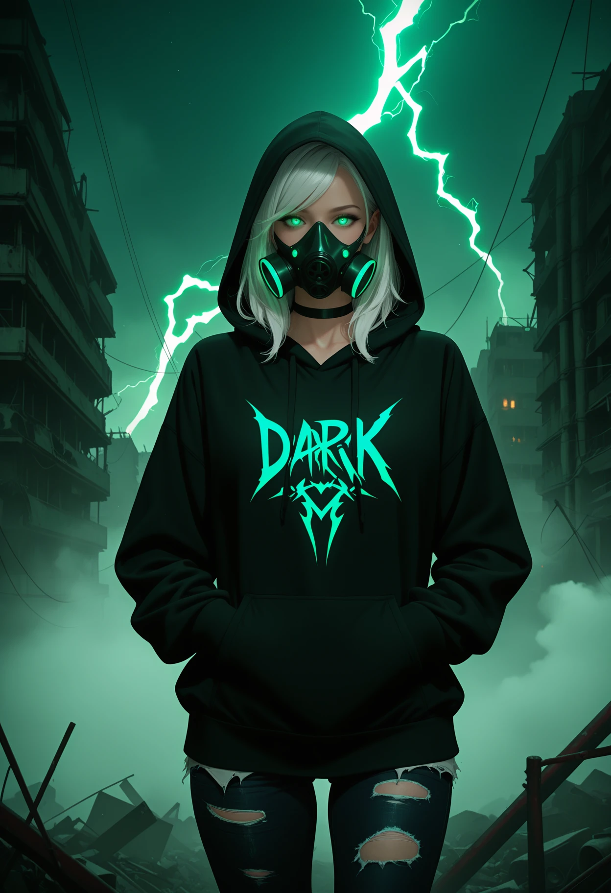 photorealistic, masterpiece, best quality, newest, absurdres, highres,
1girl, solo, glowing eyes, green eyes, white hair, swept bangs,
black hoodie, hood up, torn jeans, black pants, black choker, gas mask,
post-apocalypse, abstract background, dark background, green lightning, fog, energy,
hands in pocket,
upper body,
BREAK;
<lora:Harrlogos_v1.1:1> (("Dark_Mix":2.0) text logo, foreground text, green neon lights),