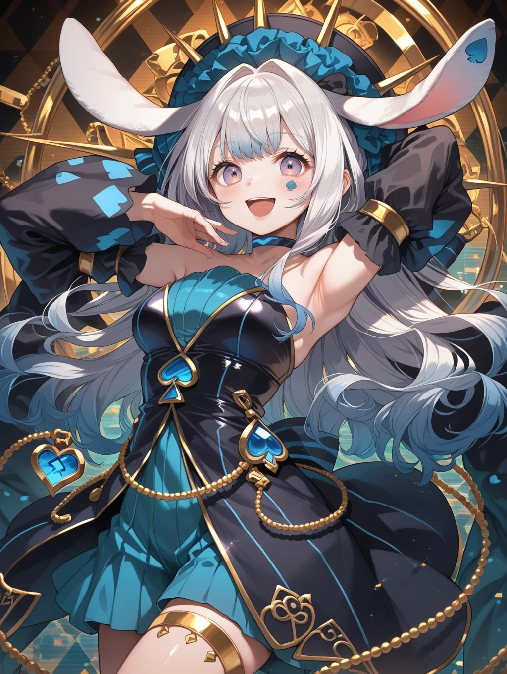 (score_9:0.9),score_8_up,score_7_up,rating_safe,(zPDXL),
1girl,solo,smile,open mouth,looking at viewer,armpits,medium breasts,heart,blush,single gold thighlet,arms up,malice pawn march hare,rabbit ears,black choker,black detached sleeves,black headdress,black strapless dress,blue spades facial mark,gold chain,glitch,argyle background,
<lora:MALICE Pawn March Hare ponyXL v1:0.75>,