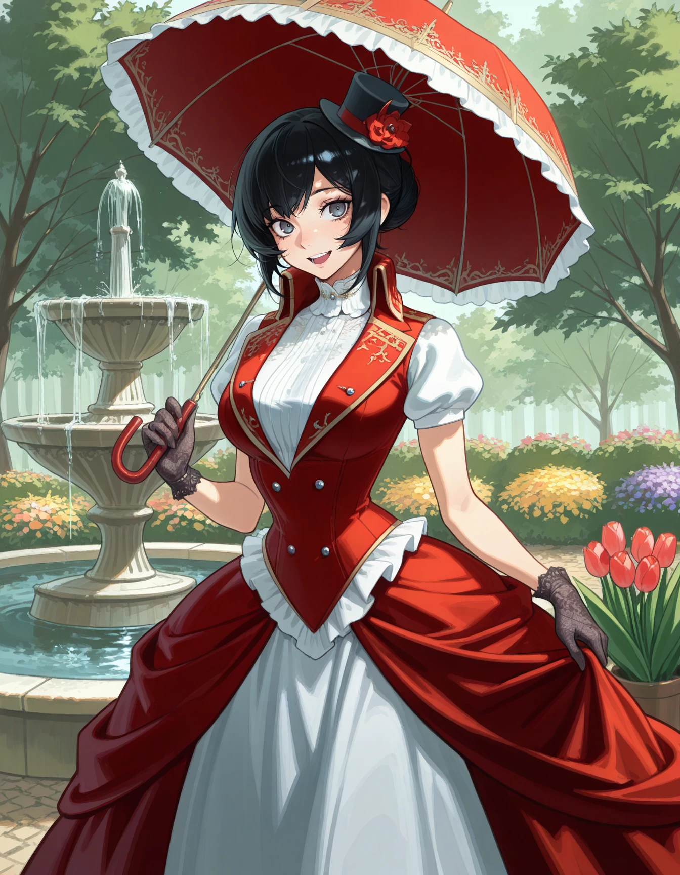 1girl, (ilya kuvshinov:0.7), solo, cowboy shot, c0rs3t, red corset, voluminous red ballgown, double-breasted vest, bare arms, studs, mature female, ornate clothing, gold filagree, peplum, gold trim, gold patterned clothing, white blouse, high collar, short gloves, puffy sleeves, lace gloves, outdoors, walking, garden, medieval fountain, trees, tulips, smile, open mouth <lora:BaroqueUniformCorset-ILXL2025-02-10_18-43-17-save-171-57-0:0.9> full body, ballgown, voluminous skirt, top hat, mini hat, holding umbrella, frills, dappled lighting masterpiece, best quality, very aesthetic, newest