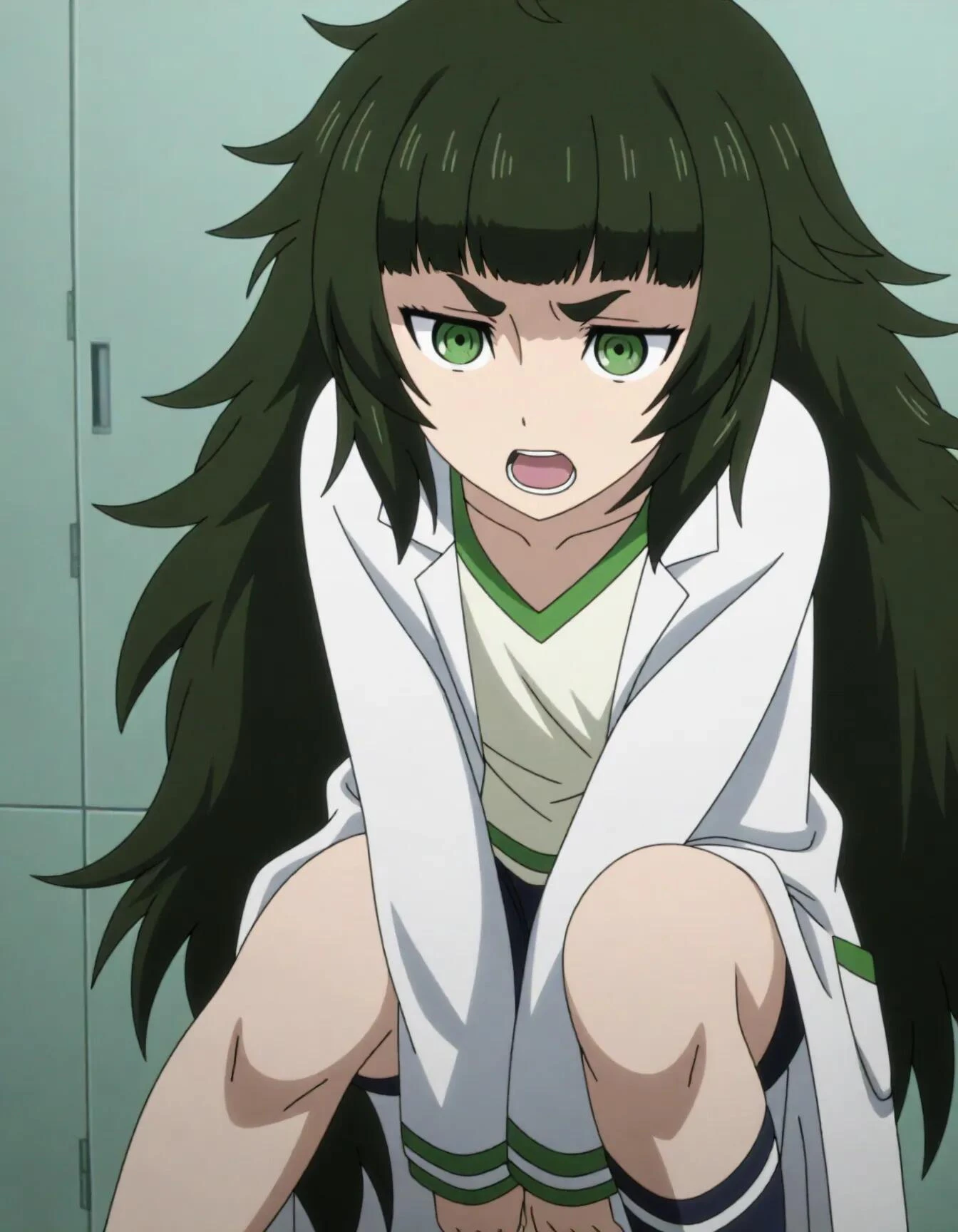 <lora:dmd2_sdxl_4step:1>,masterpiece,best quality,amazing quality,very aesthetic,high resolution,ultra-detailed,absurdres,newest,anime coloring,anime screenshot,official art,<lora:maho:1>,maho,green hair,very long hair,green eyes,thick eyebrows,v-shaped eyebrows,messy hair,short eyebrows,blunt bangs,black shorts,lab coat,kneehighs,