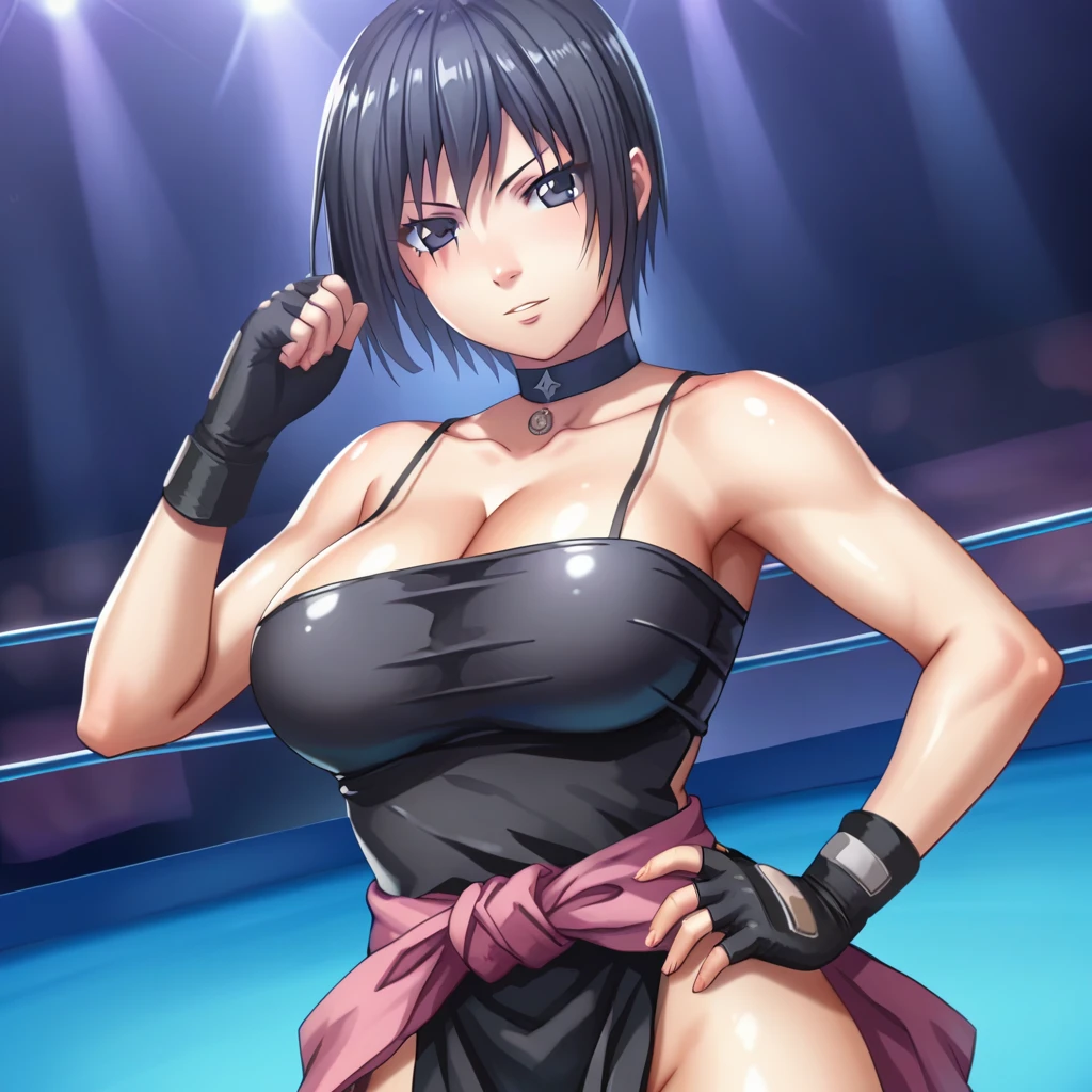 (WALLPAPER, epic style, ((Background: Roman colosseum filled with cheering crowd)),  (hinata\(boruto\), (((gladiator bikini), ((champion))))), masterpiece, 4k, vector coloring, whole body shot, (high color saturation), contrast lighting, mature female, (curvy:0.8), solo, anime style, sharp focus, professional artwork, intricate details, colorful, vibrant colors, vivid colors, digital blending, ultra detailed body, ultra detail hair, ultra detail face, trending on pixiv, very hot colors, (((Background: Roman colosseum filled with cheering crowd))), detailed bold arm lines, high color saturation, bold lines, bold drawing lines),
((sexy pose)), (head tilt), closed mouth, kind smile, cute look, cute, cute face),
((dark blue hair color:1.1), wavy hair, ((short hair, hime cut)),
(perfect eyes, white sciera, bright eyes, white eyes, anime eyes, smoky eyeliner, eyeshadow)
(white skin, (fair skin), slender body, milf, perfect face),
(legs, big breasts, off-shoulders, (detailed shoulders, detailed arm lines, little biceps lines)), 
(bare shoulders, bare legs, (both hands on boobs),