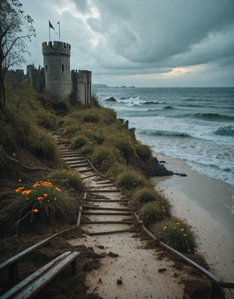 <lora:YCO_illus_F1b:0.7> yco_illus, castle, outside, vegetation, stairs, closeup, dirty, crackled, flowers, roots, <lora:Space_Worlds_02_v1_Dark:1> sw02d_illus, scattered rocks, dust, (moss:0.4), water, clouds, mist, sea, waves, beach, beach chair, parasol