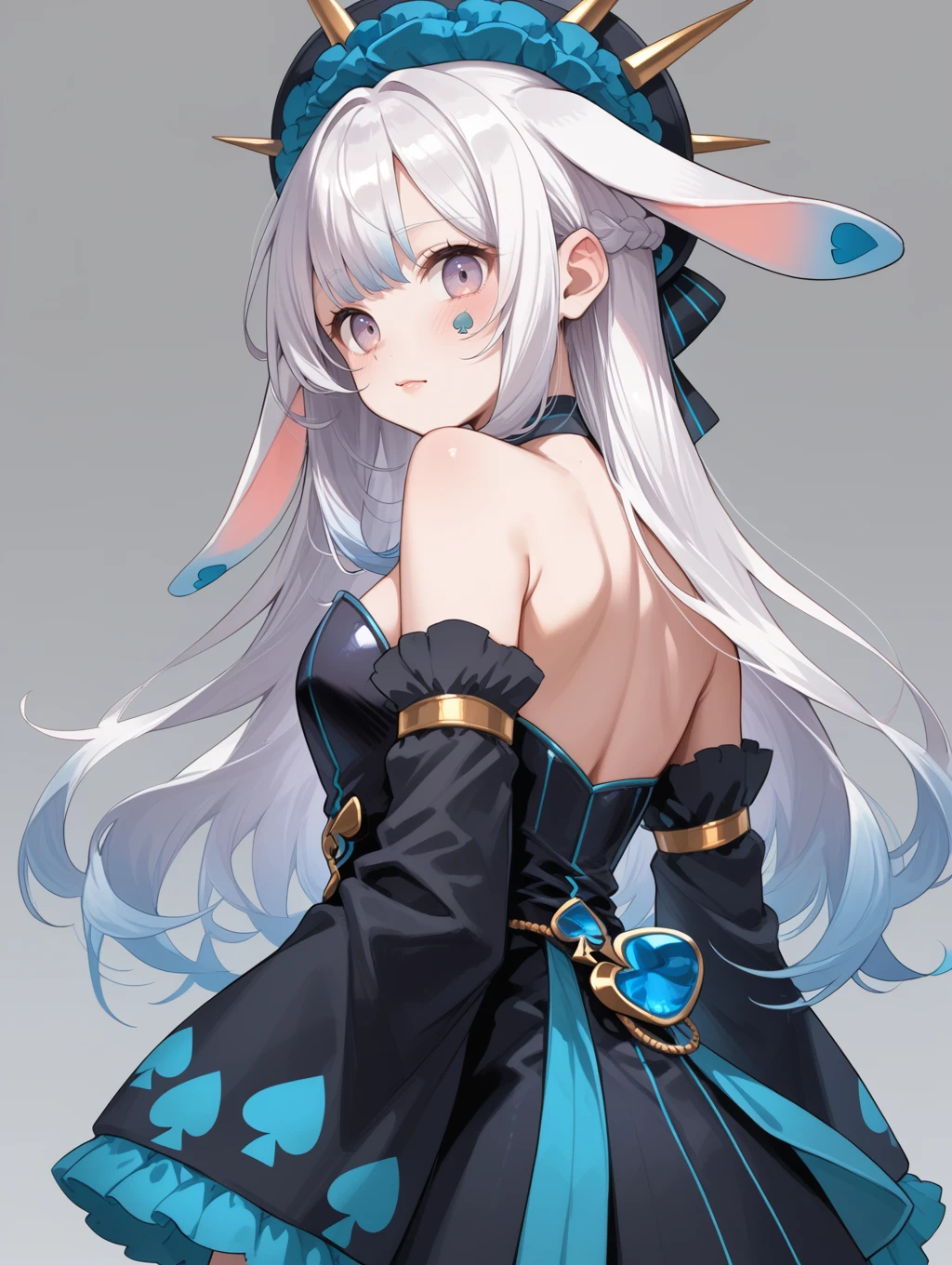 (score_9:0.9),score_8_up,score_7_up,rating_safe,(zPDXL),
1girl, solo, blush, looking back, from behind, grey background, back, upper body, gradient background, malice pawn march hare, rabbit ears, black detached sleeves, black headdress, black strapless dress, blue spades facial mark, Score 9, Source anime
<lora:MALICE Pawn March Hare ponyXL v1:0.75>,