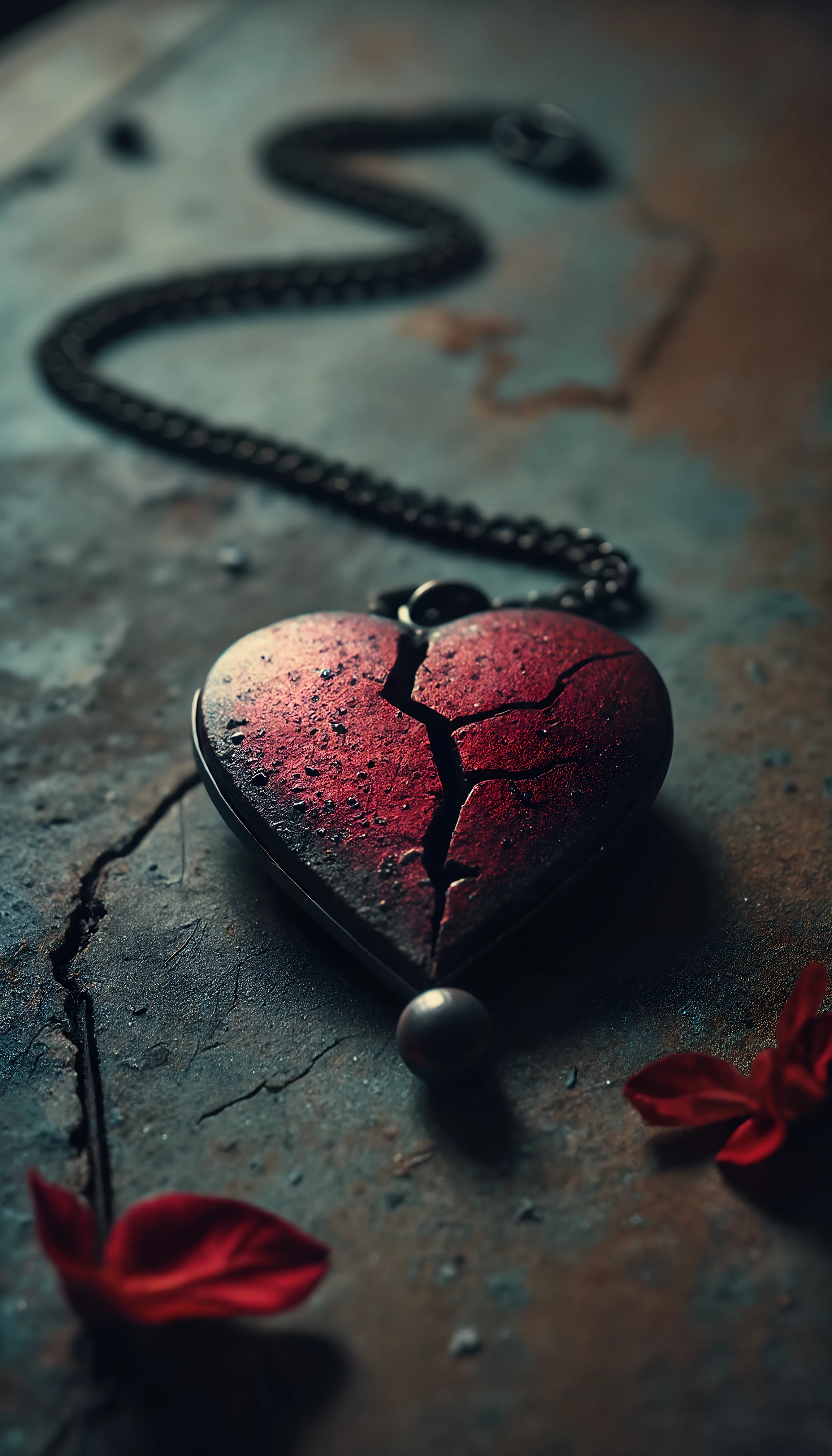 melancholy valentine, A cracked heart-shaped locket resting on a dusty table.