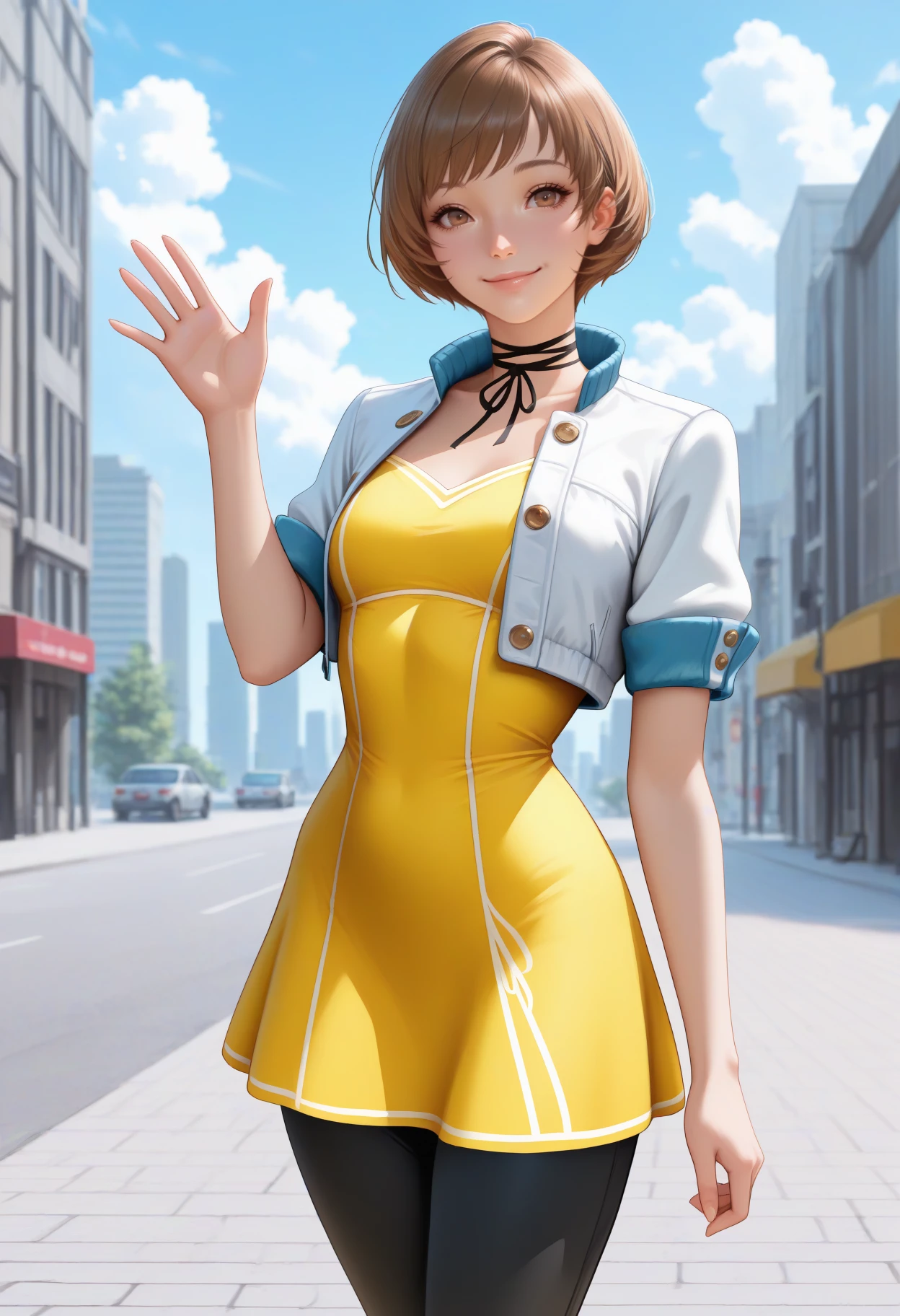masterpiece, best quality, newest, realistic, solo, 1girl, ch1etimeskip, smile, looking at viewer, standing, hand up, waving, arm at side, short hair, brown hair, brown eyes, white jacket, cropped jacket, open jacket, buttons, short sleeves, short dress, yellow dress, black pants, capri pants, ribbon choker, black ribbon, outdoors, blue sky, cloud, city, sidewalk, building
<segment:yolo-Anzhc Face seg 640 v2 y8n.pt,0.4,0.5//cid=1>