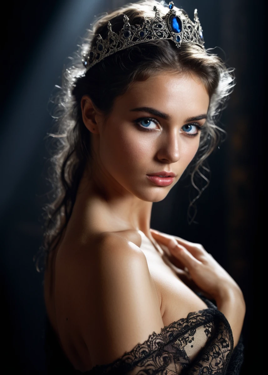 A captivating masterpiece, photo, realistic, 1woman, (dark blue eyes:0.6), nude, (((half body))), glamour, dramatic, studio lighting, looking at viewer, background blurred, 8k, elegant, ornate clothing, high contrast, dramatic shadows, mysterious, cinematic, (art by luis royo:1.2)