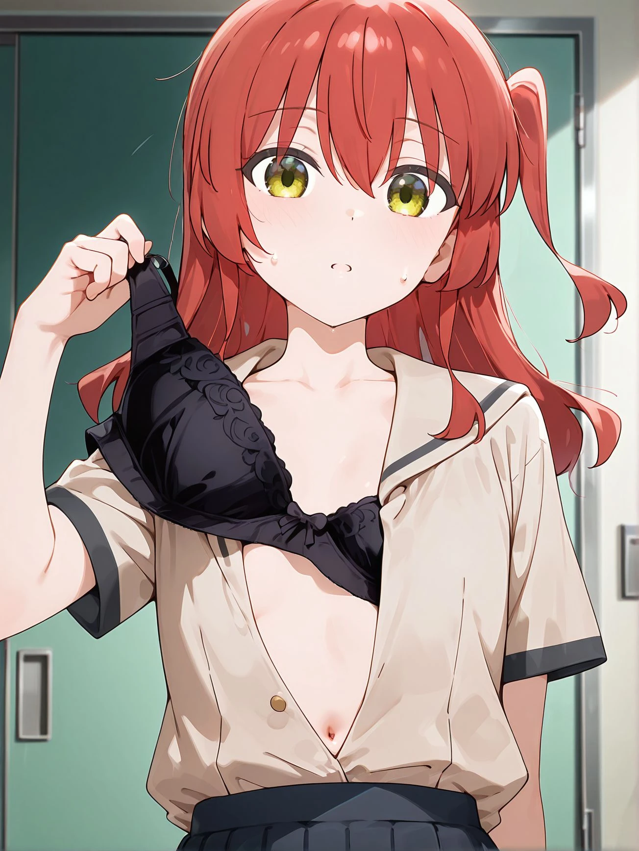 masterpiece, highest quality,8k, sketch, One girl, alone, View Viewer, Upper Body, Depth of written boundary, Clear lines, Realistic, , Redhead, Detailed green eyes,open white shirt ,white lace bra,,Slender body,blush,Shortcuts,,belly button