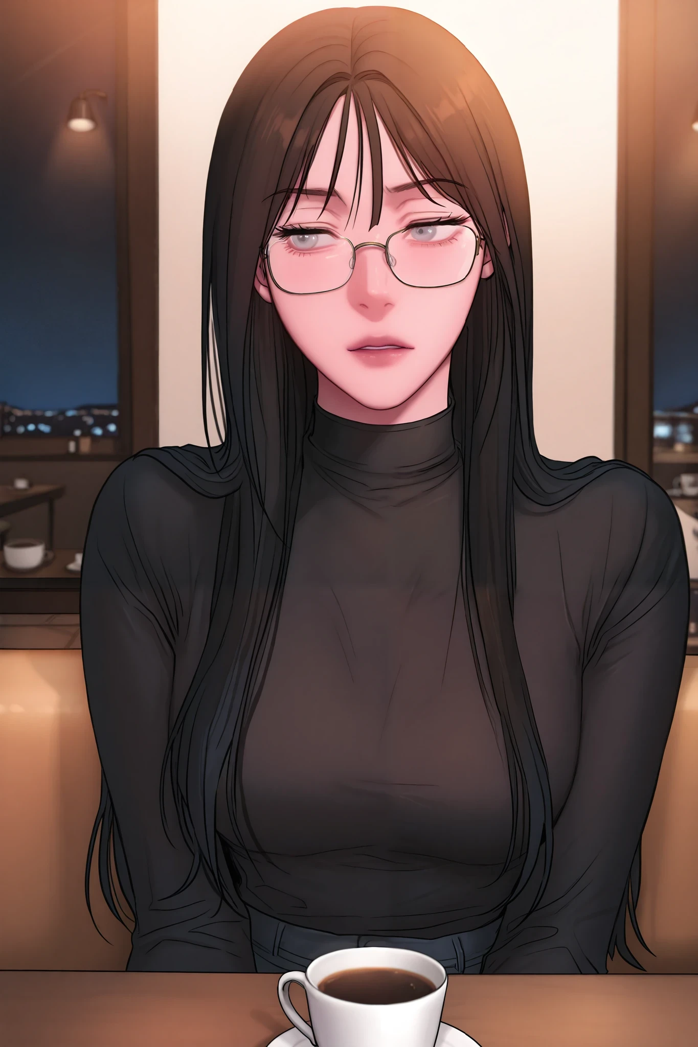 cinematic, masterpiece, ultra-detailed, best quality, absurdres, highres, newest,1girl, solo, kang yuna, black hair, grey eyes, black shirt, turtleneck, glasses, sitting, cafe, night