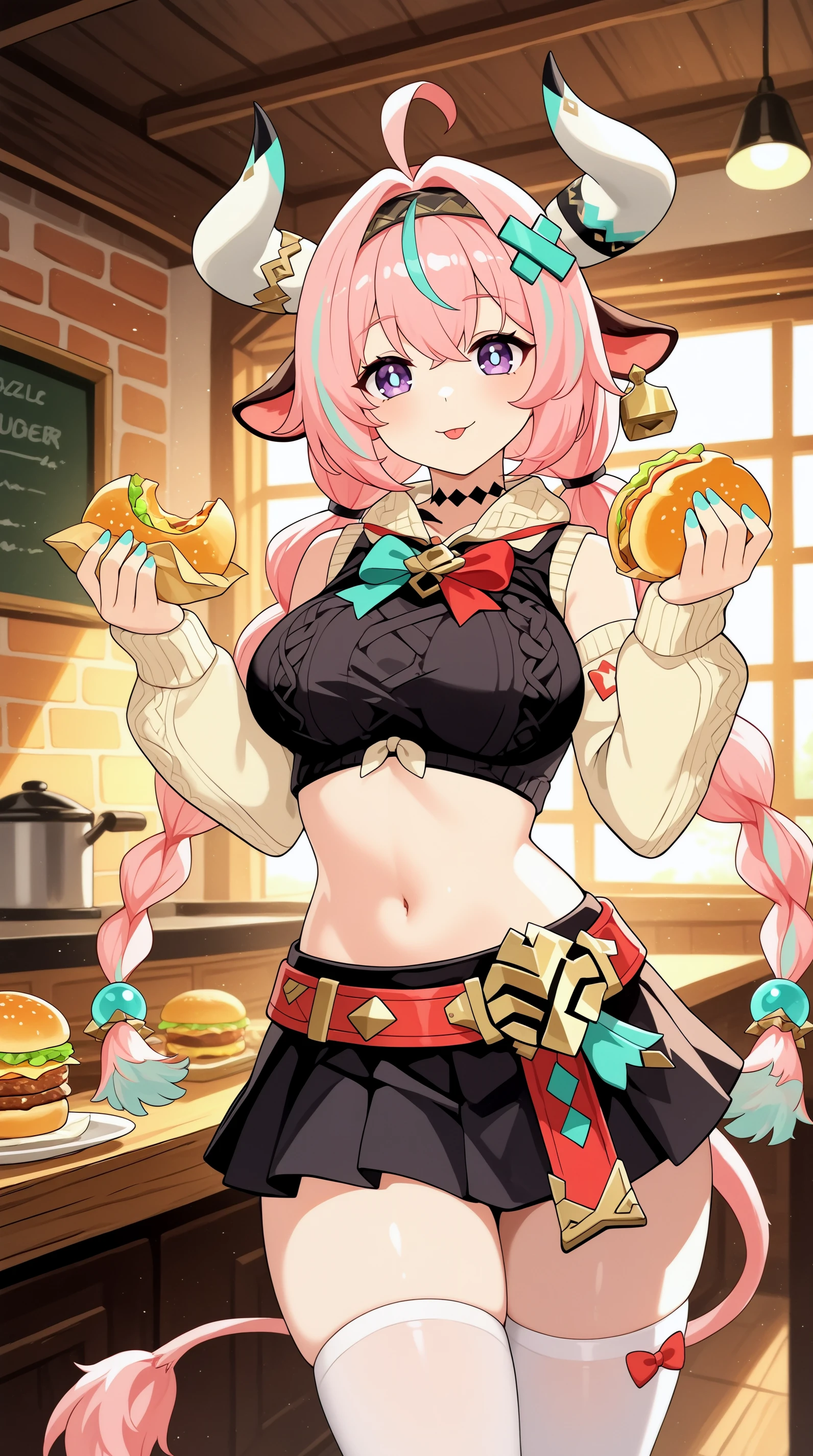 masterpiece, best quality, indoors, cinematic lighting, amazing quality, very aesthetic, absurdres, best quality, 4k, upscale, Varesa, 1girl, solo, horns, animal ears, ahoge, long hair, food, pink hair, breasts, tail, thighhighs, braid, skirt, holding food, holding, navel, purple eyes, midriff, burger, black skirt, tongue, looking at viewer, cow ears, kneehighs, tongue out, twin braids, cow horns, hair ornament <lora:Varesa_IL:0.8>