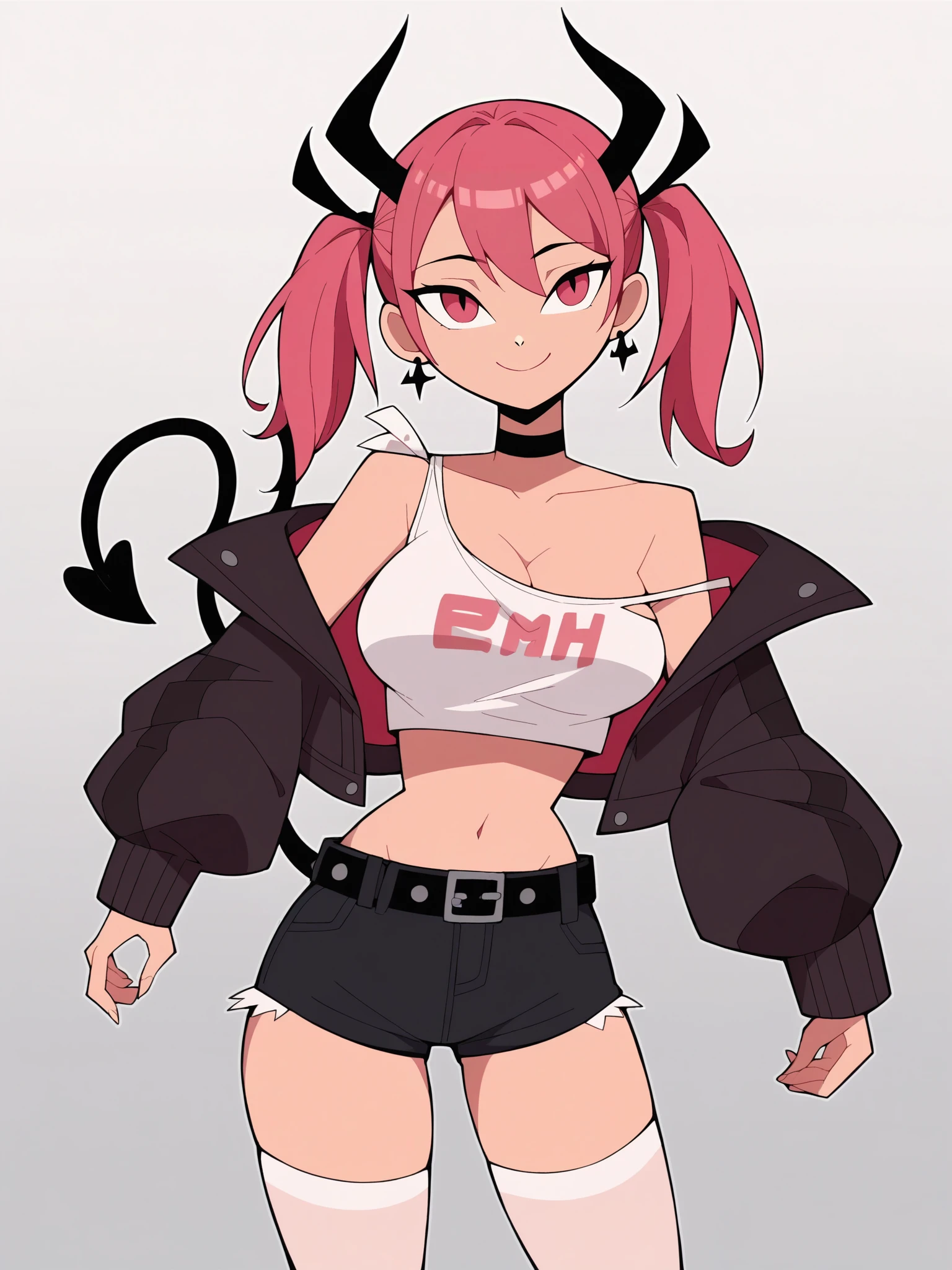 score_9, score_8_up, score_7_up, score_6_up, score_5_up,
1girl, solo, breasts, tail, pink_hair, horns, demon_tail, shorts, jacket, twintails, large_breasts, smile, looking_at_viewer, long_hair, navel, choker, black_background, pink_eyes, short_shorts, belt, demon_girl, pink_jacket, demon_horns, simple_background, tank_top, open_jacket, cleavage, black_shorts, open_clothes, thighhighs, off_shoulder, bare_shoulders, closed_mouth, head_tilt, hair_between_eyes, cowboy_shot, jewelry, micro_shorts, collarbone, black_choker, white_thighhighs, crop_top, bangs, earrings, clothes_writing, shirt, midriff, standing, see-through, contrapposto, long_sleeves,
<lora:Samurai_Jack_Pony_SD8:1>