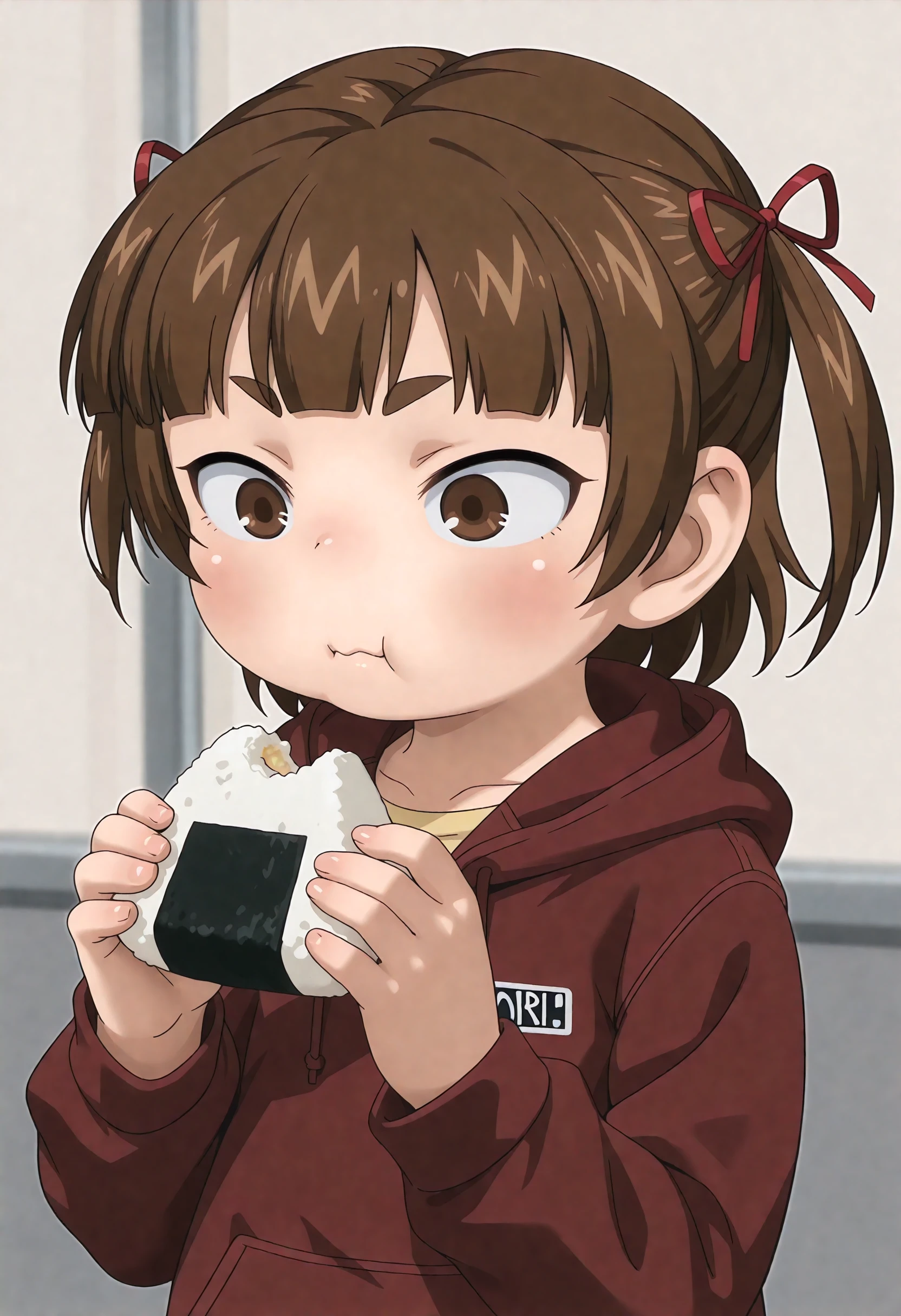 masterpiece, best quality, amazing quality, very aesthetic, absurdres, newest, <lora:MitsudomoeStyleILf:0.9> 1girl, m17s, brown hair, brown eyes, short twintails, hair ribbon, red hoodie, yellow shirt, eating onigiri,