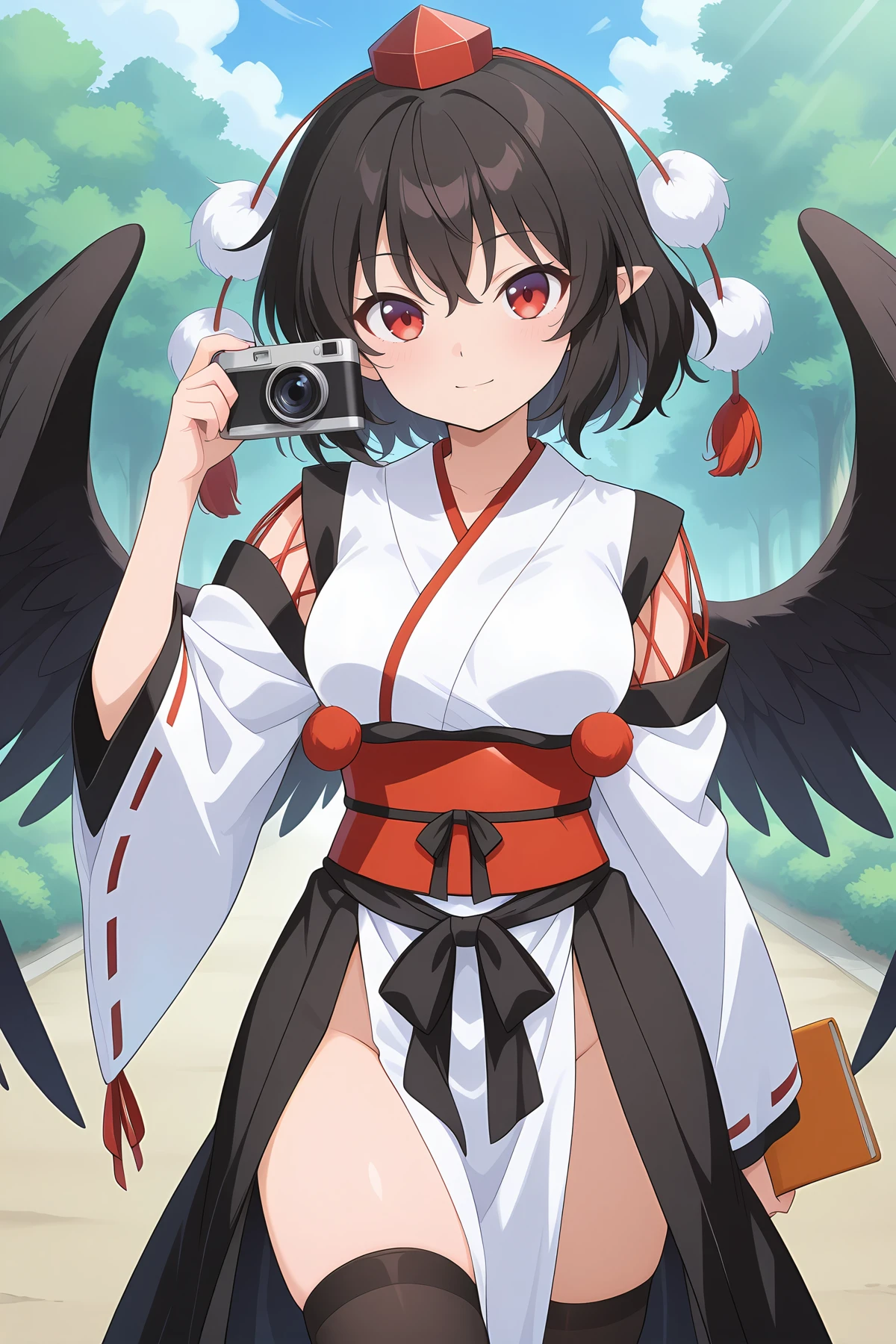 absurdres, highres, masterpiece, best quality, amazing quality, official anime artwork, screencap, anime screencap, outdoors, looking at viewer, light smile, dynamic pose,
<lora:Aya-Shameimaru_Illustrious:1> shameimaru aya, 1girl, solo, red eyes, black hair, short hair, feathered wings, black wings,, tokin hat, kourindou tengu costume, japanese clothes, ribbon trim, ribbon-trimmed sleeves, wide sleeves, red ribbon, pelvic curtain, thighhighs, holding camera, notebook,