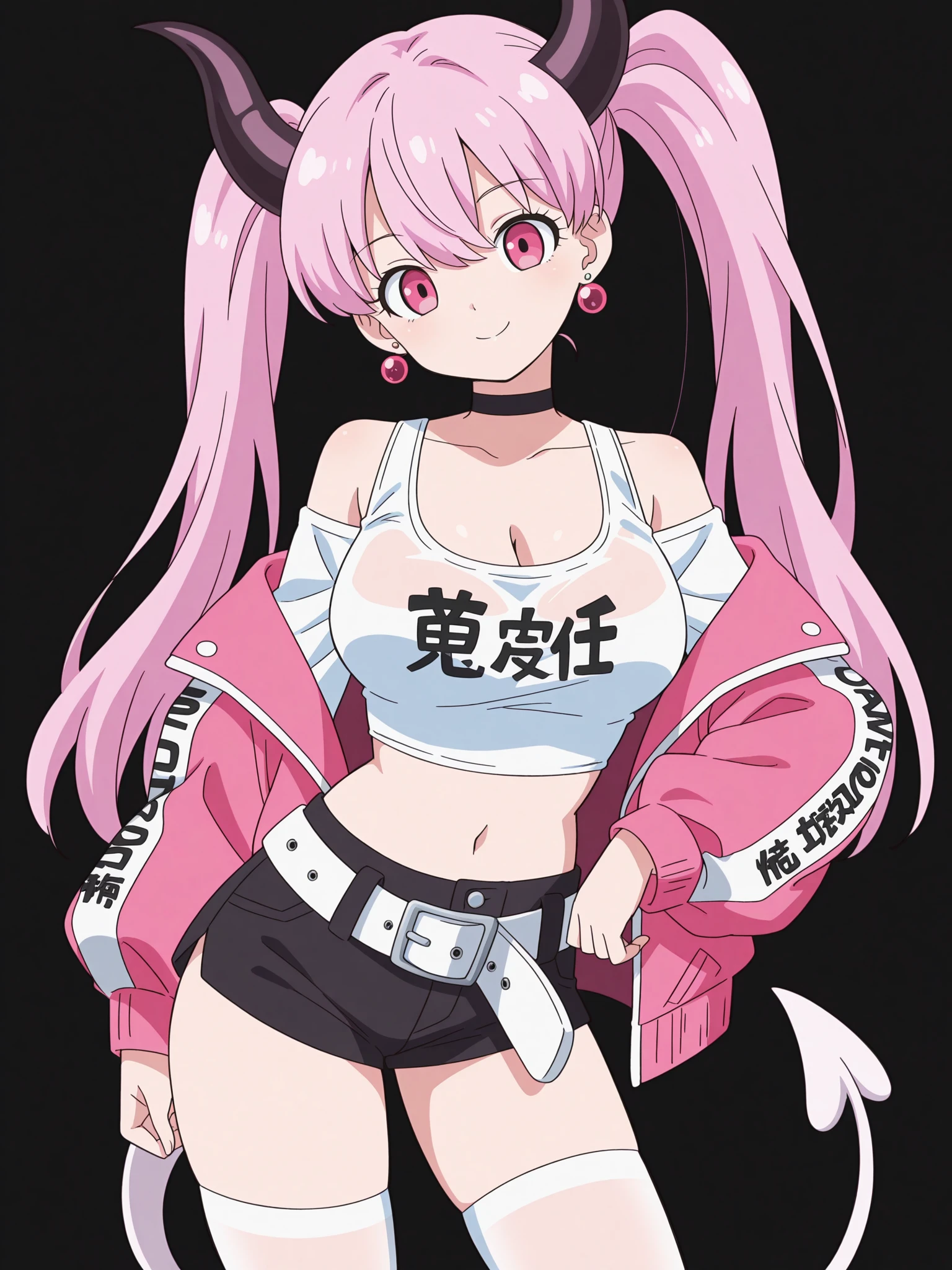 1girl, solo, , tail, pink_hair, horns, demon_tail, shorts, jacket, twintails, large_breasts, smile, looking_at_viewer, long_hair, navel, choker, black_background, pink_eyes, short_shorts, belt, demon_girl, pink_jacket, demon_horns, simple_background, tank_top, open_jacket, cleavage, black_shorts, open_clothes, thighhighs, off_shoulder, bare_shoulders, closed_mouth, head_tilt, hair_between_eyes, cowboy_shot, jewelry, micro_shorts, collarbone, black_choker, white_thighhighs, crop_top, bangs, earrings, clothes_writing, shirt, midriff, standing, see-through, contrapposto, long_sleeves,
<lora:Dragon_Ball_Super_Movies_Illustrious_SD8:1>