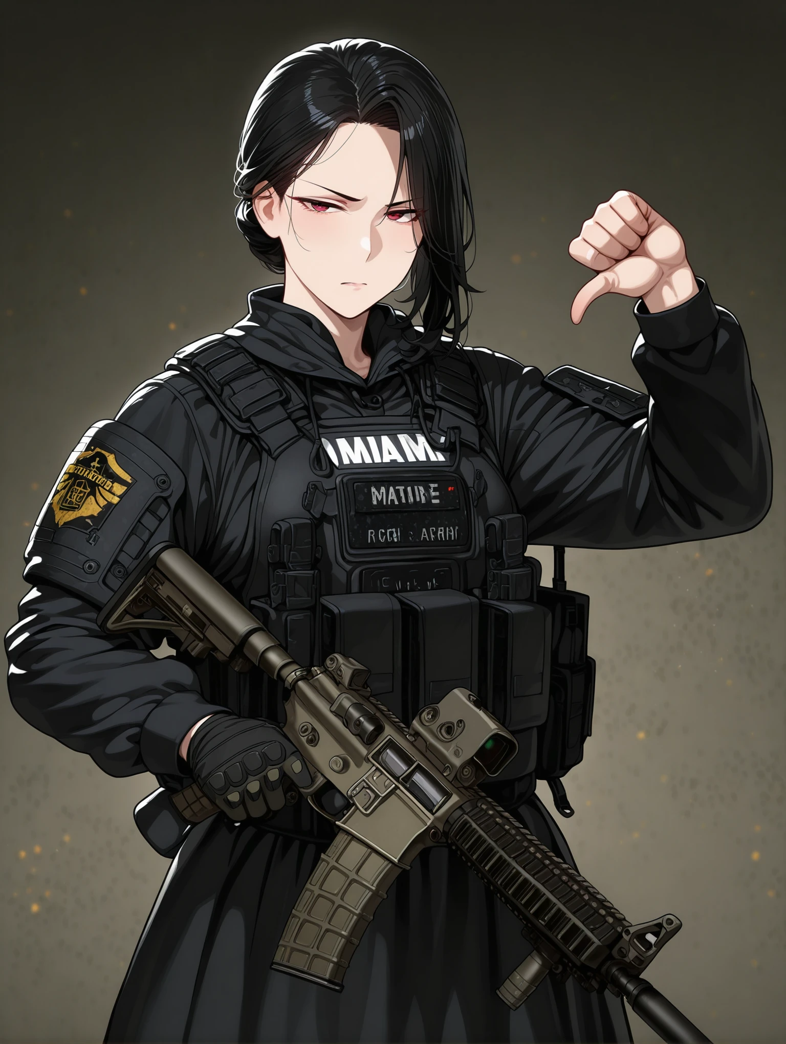 (thumbs down:1.2),hand up,
1girl,cowboy shot,
mature maid, black hair, bulletproof vest, tactical gear, maid uniform, serious looking,m4 carbine,
,masterpiece,best quality,newest,absurdres,highres,
