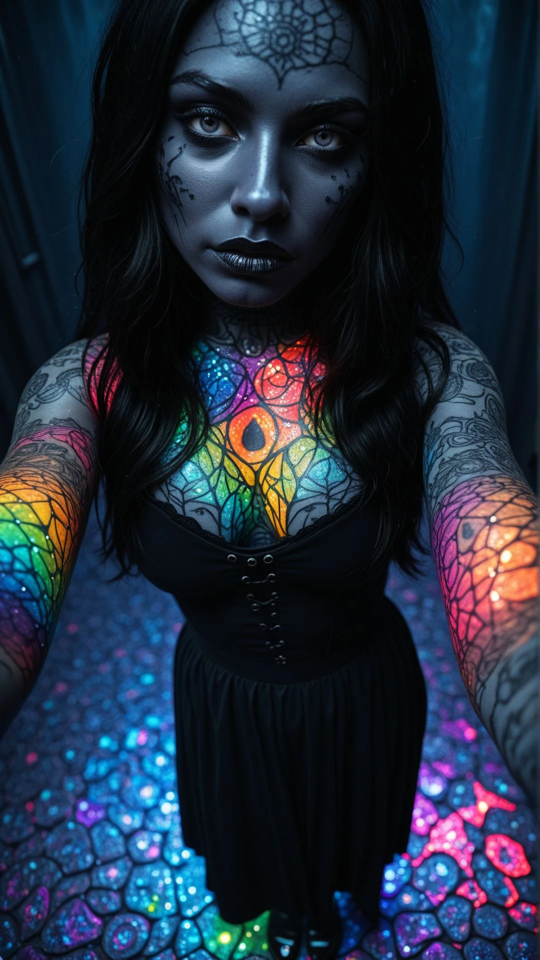 Instagram Selfie of Goth Girl, Full body from above, long hair, rainbow colored light rays on her face, tattoo, selfie, tessellations, 1girl,
, aidmaimageupgrader <lora:aidmaImageUpgrader-v0.3-IL:0.85>