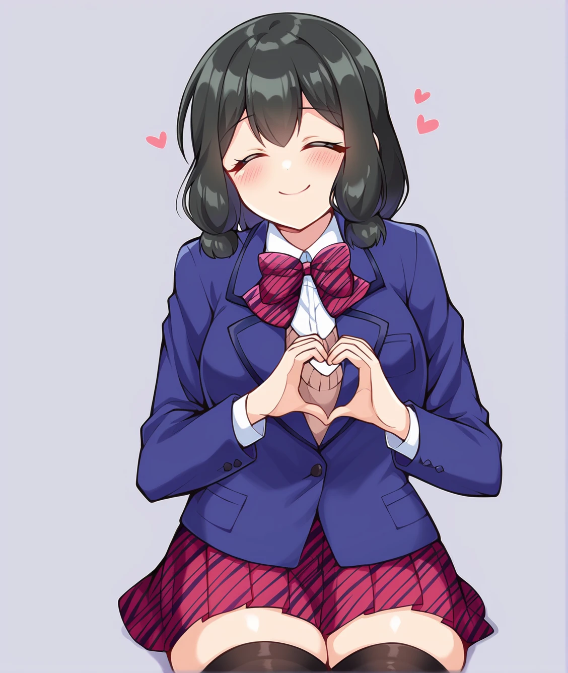 score_9, score_8, score_7, score_6, score_5, source_anime, source_explicit,
BREAK
Kaede Otori, 1girl, ^ ^, closed eyes, solo, blush, smile, simple background, white background, cowboy shot, black hair, medium hair,
skirt, shirt, bow, school uniform, jacket, white shirt, striped, collared shirt, bowtie, red bow, sweater, red skirt, plaid skirt, blazer, blue jacket, striped bow, striped bowtie
sitting, thighhighs, heart hands, closed mouth,
<lora:KaedeOtori-10:1>, <lora:merrytail_pony_v1:0.2>