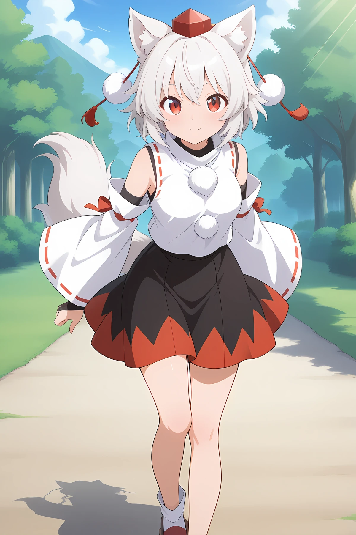 absurdres, highres, masterpiece, best quality, amazing quality, official anime artwork, screencap, anime screencap, outdoors, looking at viewer, light smile, dynamic pose,
<lora:Momiji-Inubashiri_Illustrious:1> inubashiri momiji, 1girl, solo, red eyes, white hair, short hair, wolf ears, wolf tail,, tokin hat, detached sleeves, white shirt, black skirt, two-tone skirt