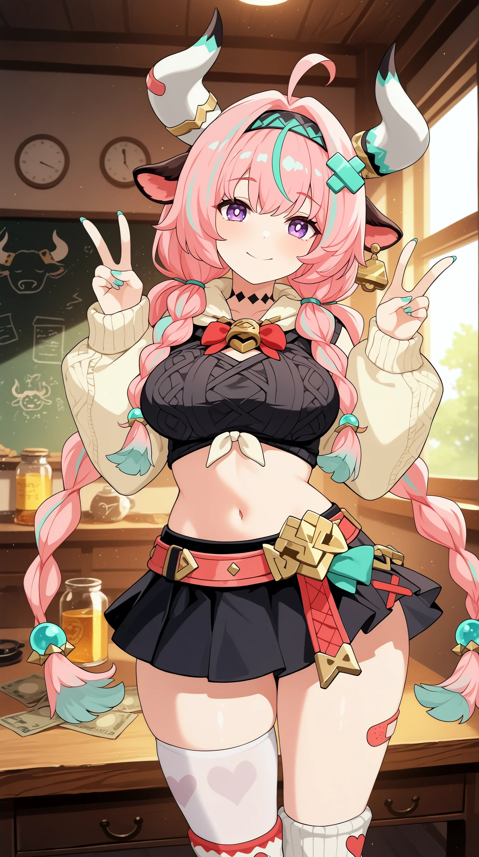 masterpiece, best quality, indoors, cinematic lighting, amazing quality, very aesthetic, absurdres, best quality, 4k, upscale, Varesa, 1girl, solo, horns, pink hair, skirt, ahoge, animal ears, navel, purple eyes, bandaid, long hair, braid, black skirt, multicolored hair, cowboy shot, smile, double v, twin braids, money, looking at viewer, leg warmers, socks, bandaid on leg, midriff, bangs, hairband, cow horns, thighhighs, hair ornament, cow ears, heart <lora:Varesa_IL:0.8>