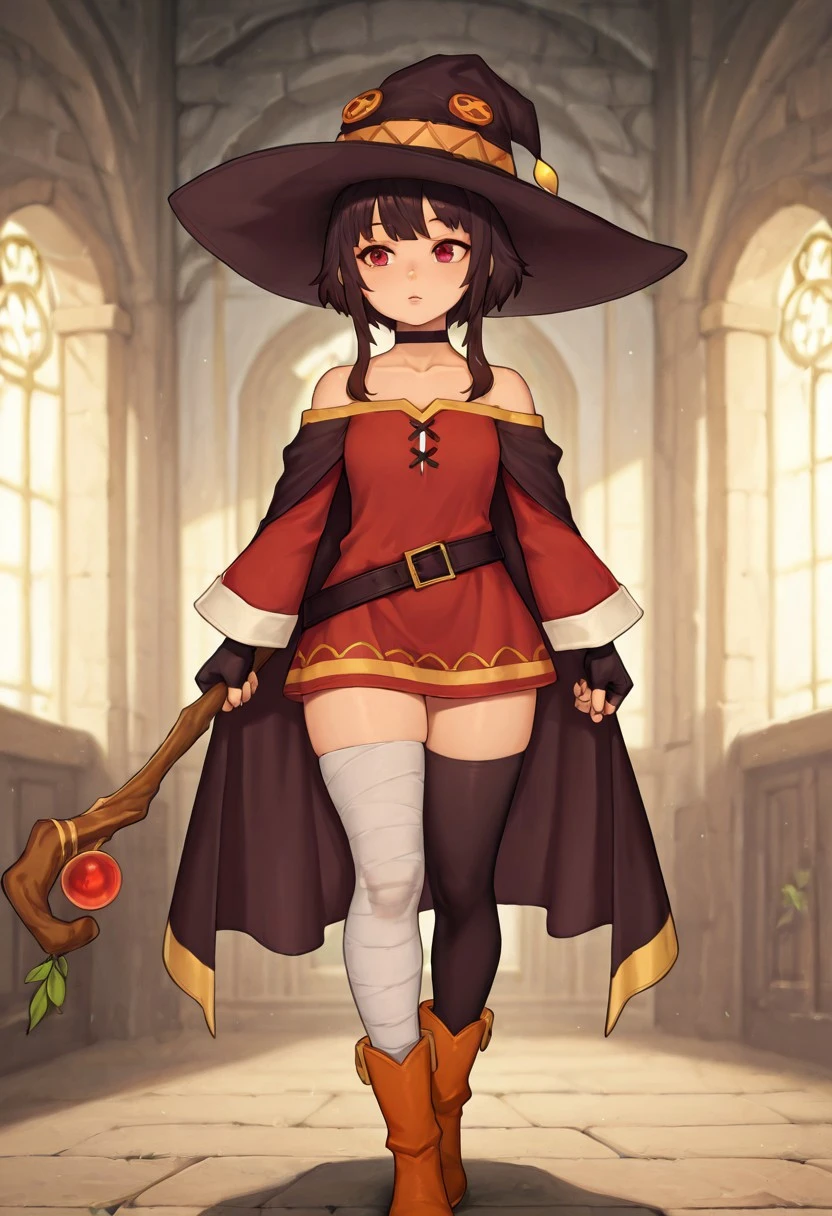 masterpiece, best quality, amazing quality, very aesthetic, high resolution, ultra-detailed, absurdres, newest, scenery, 1girl, solo
asura_style, 1girl, solo, short hair, brown hair, black hair, short hair with long locks, red eyes, red dress, short dress, witch hat, cape, black cape, brown cape, gloves, black gloves, fingerless gloves, thighhighs , black thighhighs, asymmetrical legwear, single thighhigh, boots, black belt, brown belt, belt buckle, choker, black choker, collar, bandages, bandaged leg, staff, holding staff, bare shoulders, long sleeves, collarbone, mismatched legwear, brown footwear, orange footwear, black headwear, brown headwear, zettai ryouiki, off shoulder, off-shoulder dress
BREAK, detailed background, detailed hair, depth of field, photorealistic details, volumetric lighting