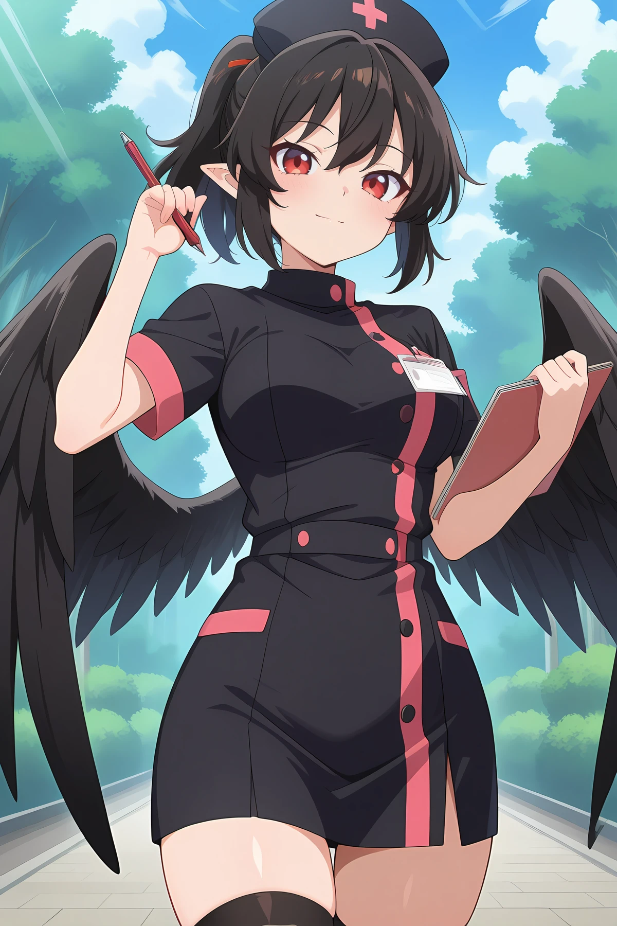 absurdres, highres, masterpiece, best quality, amazing quality, official anime artwork, screencap, anime screencap, outdoors, looking at viewer, light smile, dynamic pose,
<lora:Aya-Shameimaru_Illustrious:1> shameimaru aya, 1girl, solo, red eyes, black hair, short hair, feathered wings, black wings,, shameimaru aya \(death bringer nurse\), ponytail, alternate costume, black dress, nurse cap, black headwear, black thighhighs, holding pen, nurse, short sleeves, stained clothes,