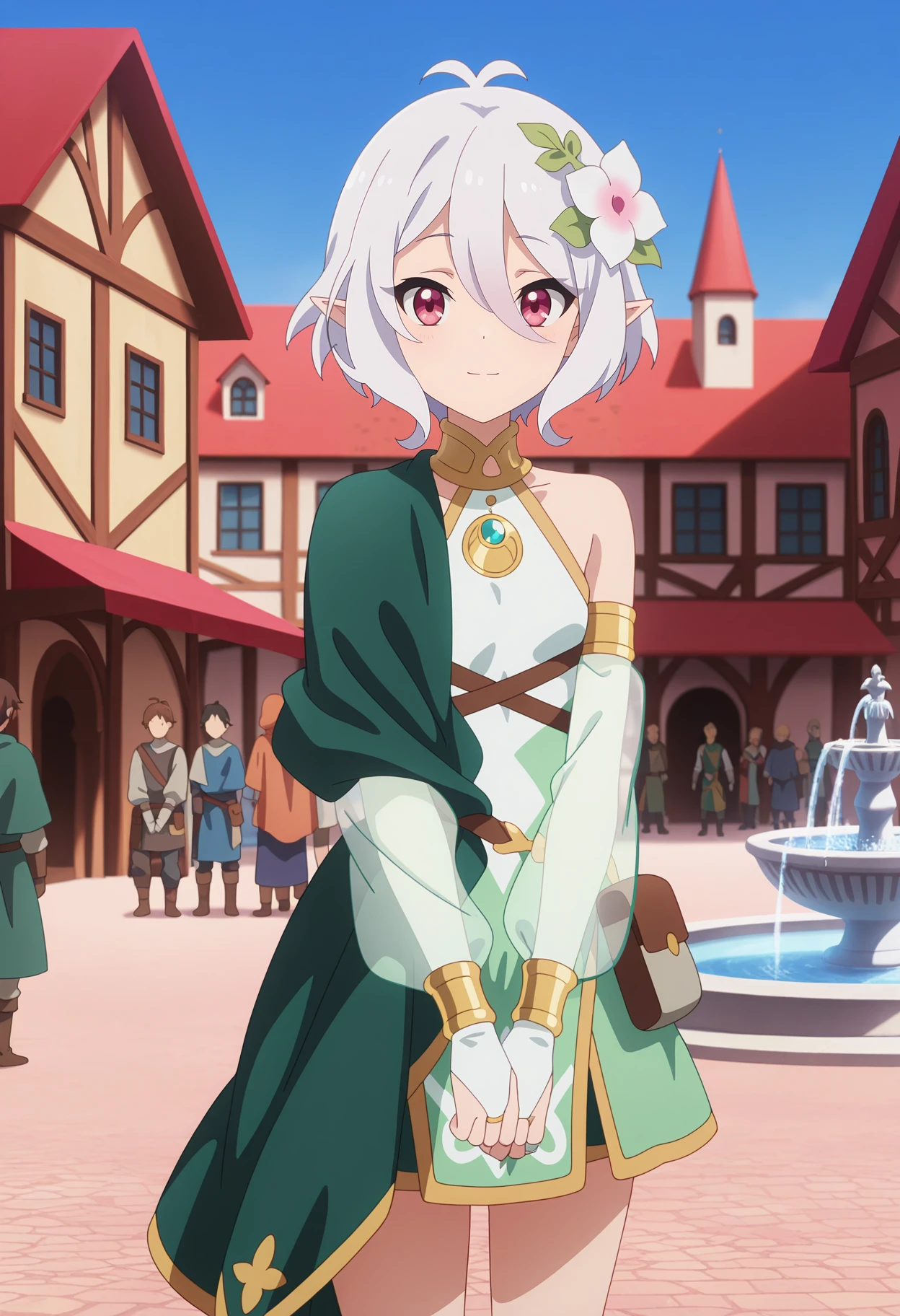 anime screencap, masterpiece, best quality,
<lora:PrincessConnect_Kokkoro_IlluXL:0.9>,
1girl, solo, closed mouth, light smile,
short hair, white hair, antenna hair, magenta eyes, pointy ears, hair flower,
KokkoroDress, sleeveless dress, armlet, gold trim, asymmetrical clothes, green cape, strap, bridal gauntlets, see-through sleeves, pouch,
v arms, standing, looking at viewer,
town, medieval, building, fountain, blurry background, people, day, blue sky