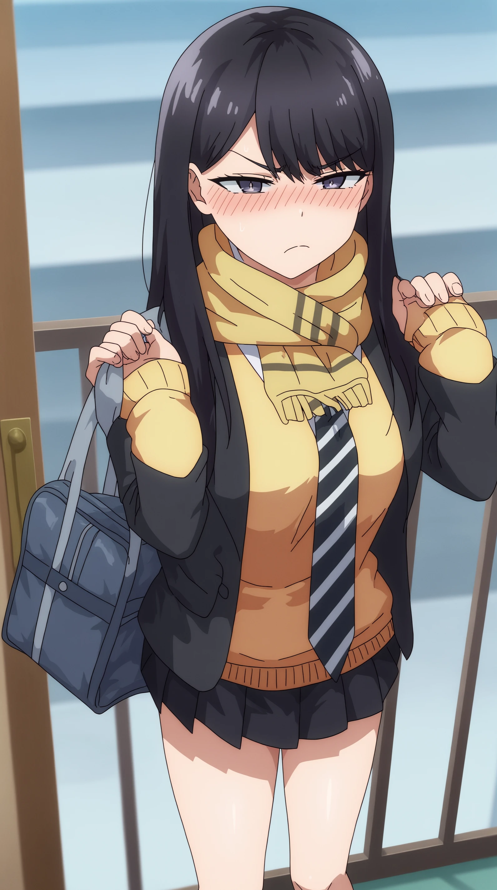 score_9, score_8_up, score_7_up,anime_source, source_anime, best background, detailed background, anime screencap, 4k, upscale, Hikari Kuroda, solo, skirt, long sleeves, holding, closed mouth, standing, jacket, school uniform, pleated skirt, open clothes, necktie, black skirt, miniskirt, bag, scarf, open jacket, black jacket, sweater, sleeves past wrists, cardigan, blazer, school bag, railing, holding bag, striped necktie, fringe trim, yellow sweater, brown scarf, doorway, blush, tsundere, <lora:JN_Hikari_Kuroda_Pony:0.8>