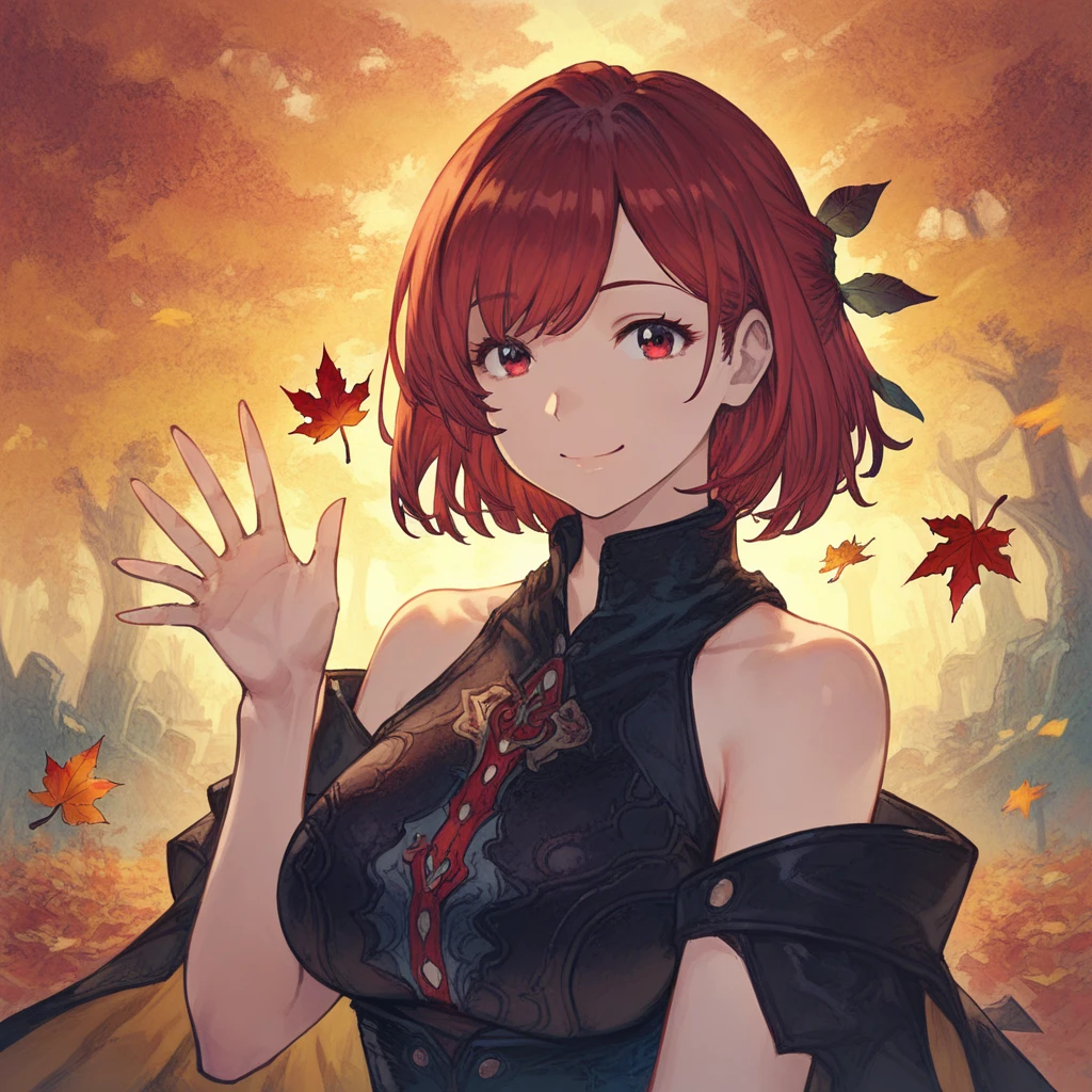 atym, 1girl, autumn, autumn leaves, bare_shoulders, confident smile, , closed mouth, , leaf, leaf background, looking at viewer, medium hair, bob cut, orange background, red eyes, red hair, smile, solo, swept bangs, upper body, waving, score_9, score_8_up, score_7_up, masterpiece, best quality, amazing quality, absurdres, very aesthetic