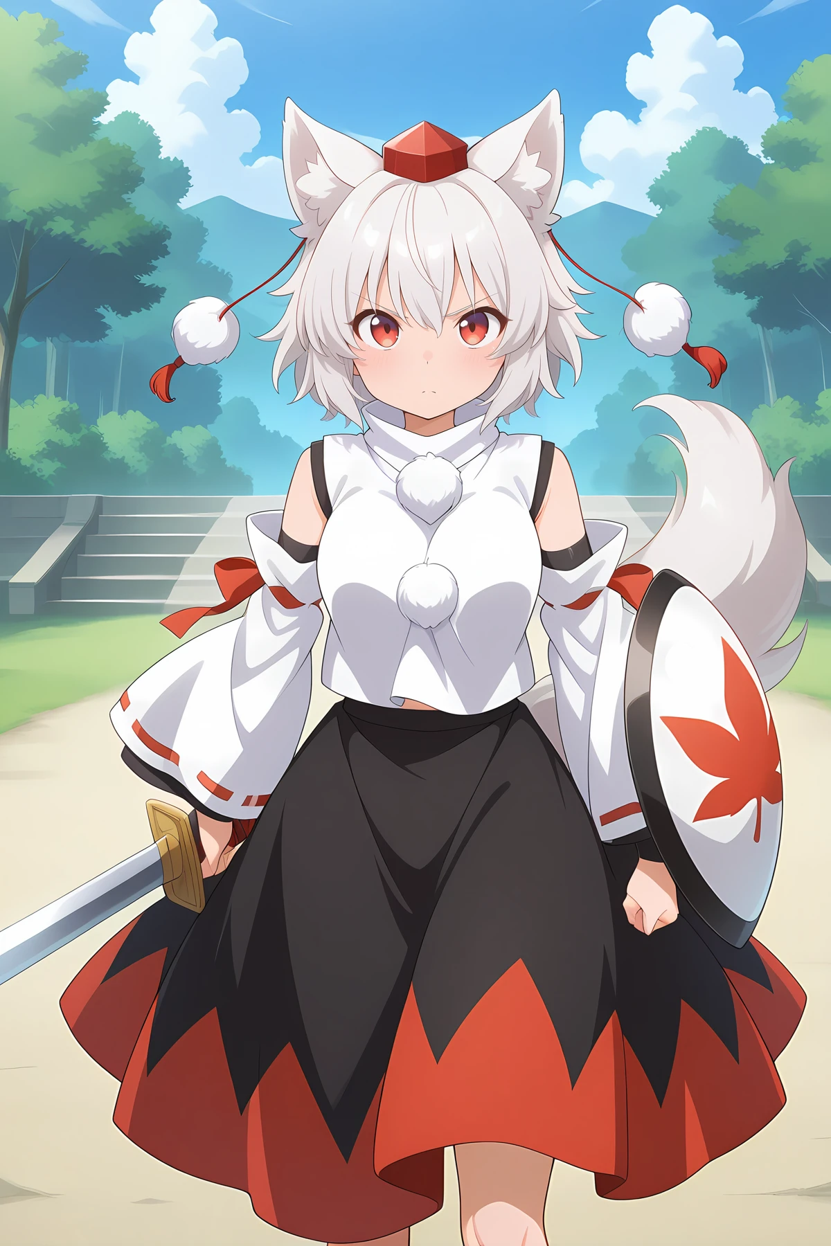 absurdres, highres, masterpiece, best quality, amazing quality, official anime artwork, screencap, anime screencap, outdoors, looking at viewer, serious, dynamic pose,
<lora:Momiji-Inubashiri_Illustrious:1> inubashiri momiji, 1girl, solo, red eyes, white hair, short hair, wolf ears, wolf tail,, tokin hat, detached sleeves, white shirt, black skirt, two-tone skirt, sword, shield,
