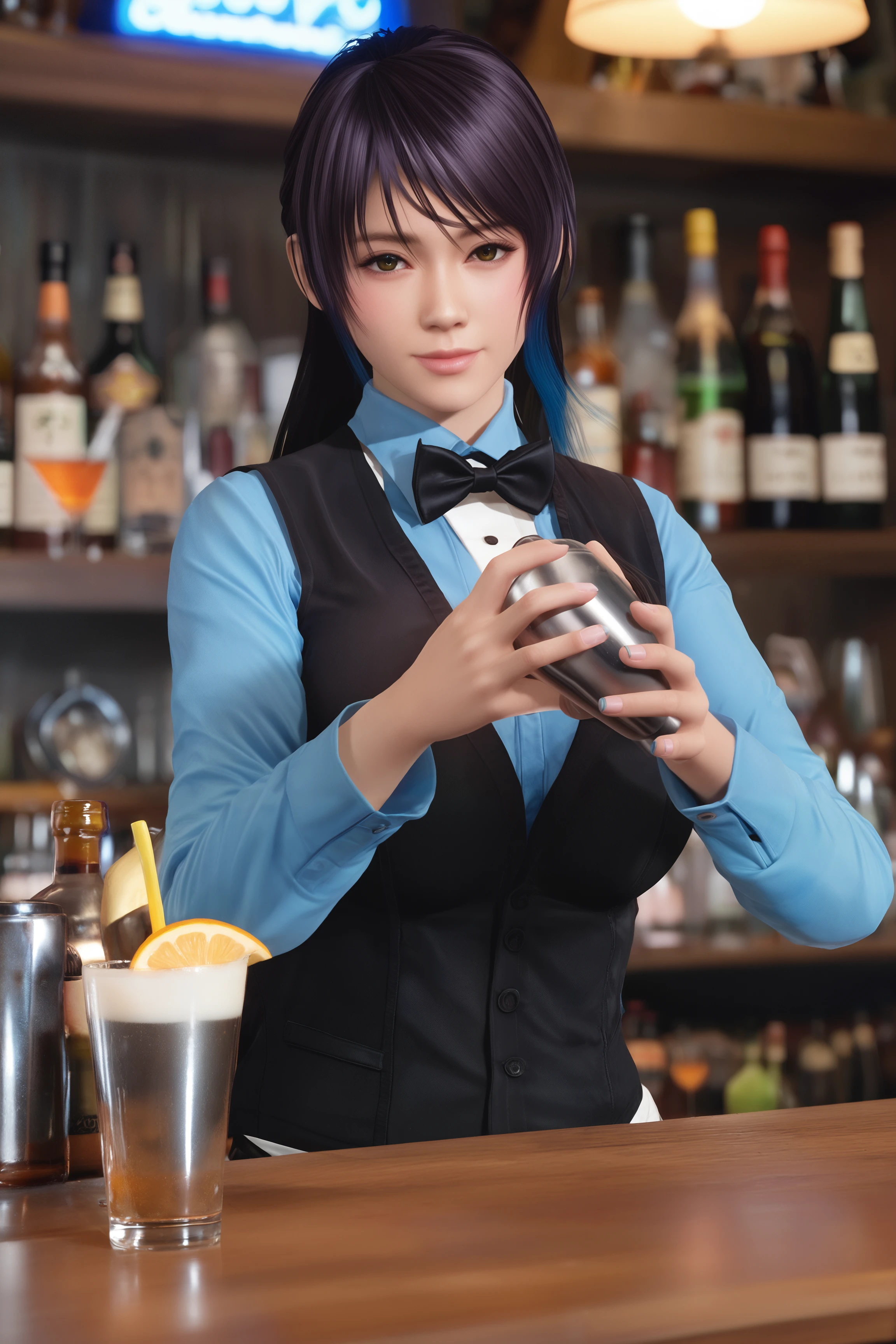 1 girl, solo, ((Solo))), tied black hair, bob, gradient hair, brown hair, plump youthful face, white button-down, long sleeves, black bow tie, navy blue formal vest, dark blue zipper pants, thighs, middle breast, holding beer glass, black eyes, confident look, real, bar counter --auto --s2