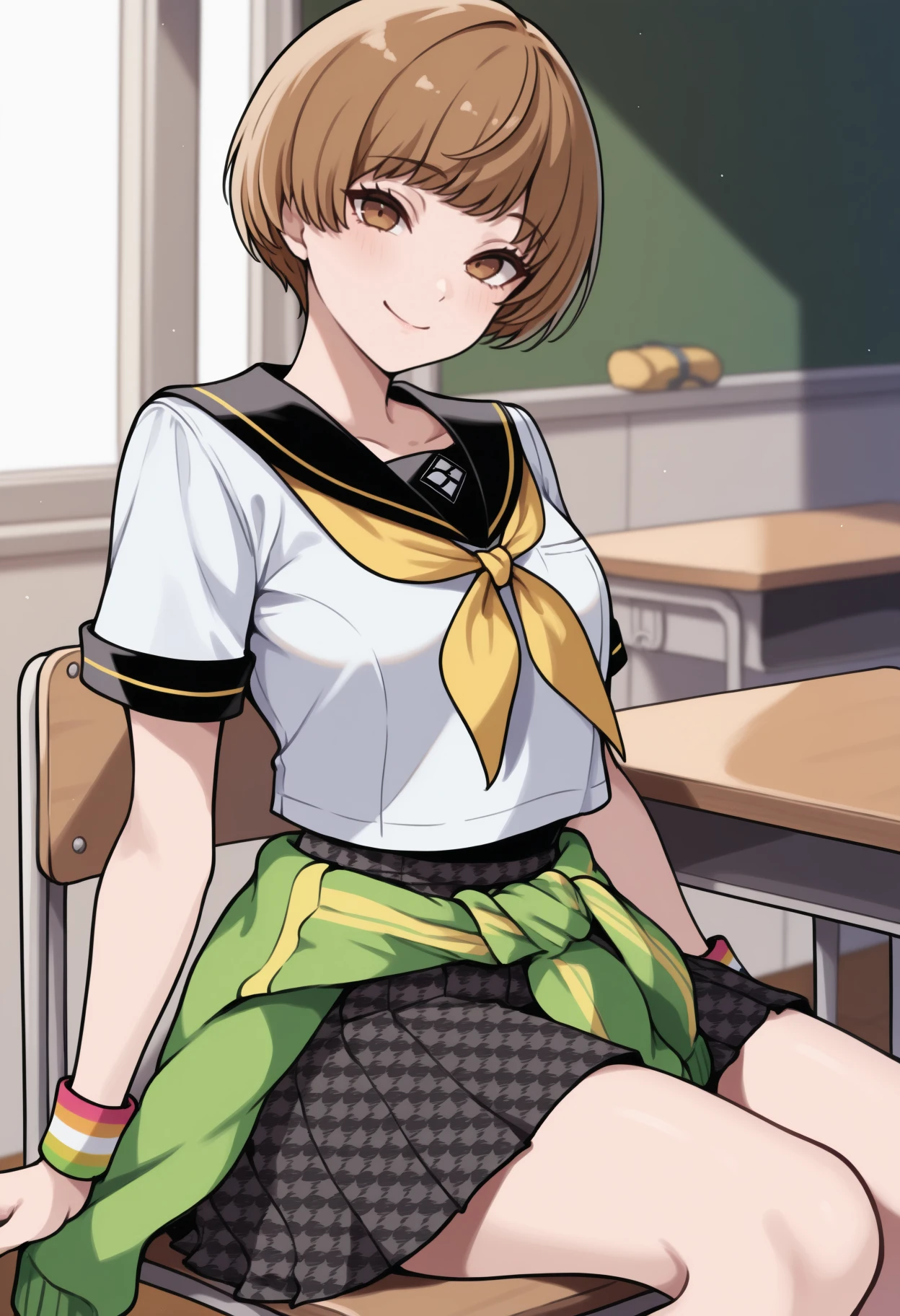 masterpiece, best quality, newest, feet out of frame, solo, 1girl, ch1esmrshl, smile, looking at viewer, sitting, on chair, short hair, brown hair, brown eyes, school uniform, green jacket, jacket around waist, serafuku, white shirt, black sailor collar, yellow neckerchief, short sleeves, black skirt, pleated skirt, houndstooth, multicolored wristband, indoors, classroom, table
<segment:yolo-Anzhc Face seg 640 v2 y8n.pt,0.4,0.5//cid=1>