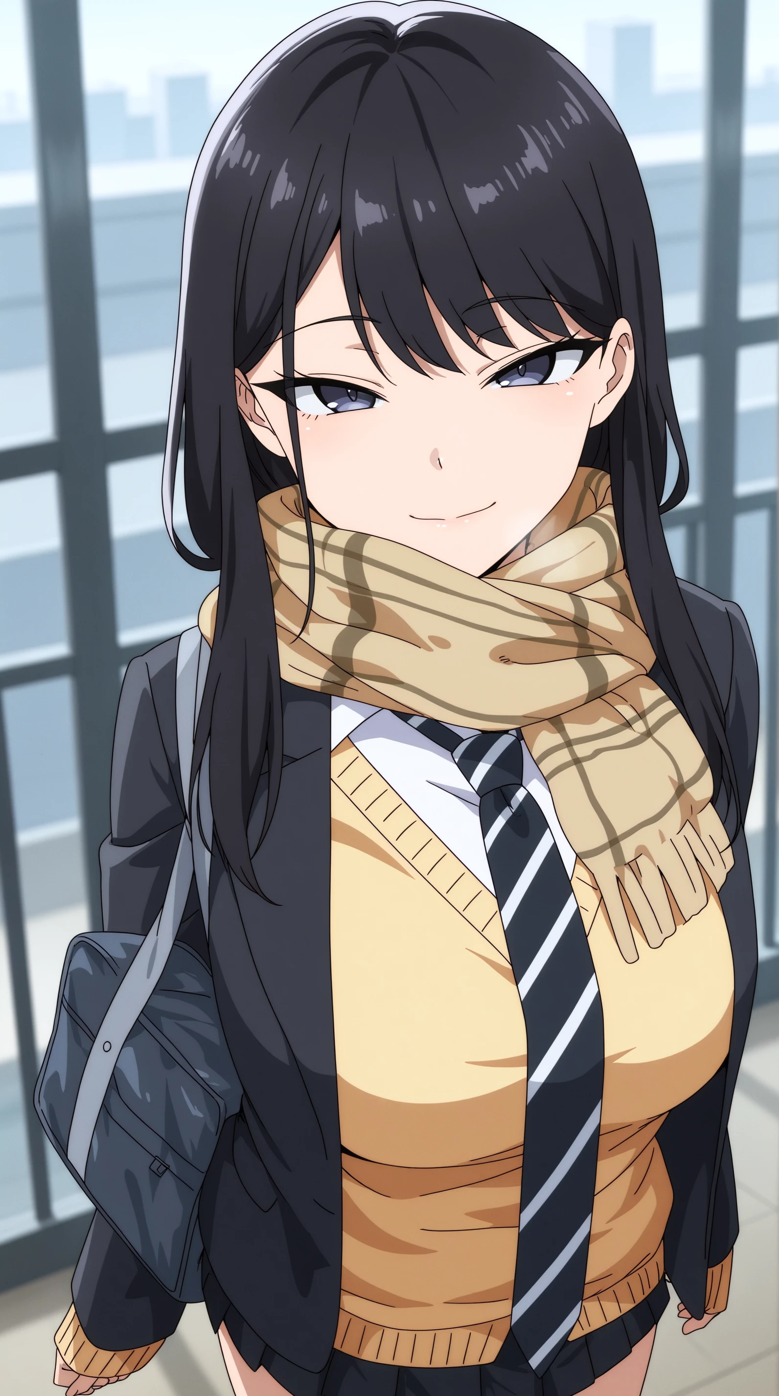 masterpiece, best quality, indoors, cinematic lighting, amazing quality, very aesthetic, absurdres, best quality, 4k, upscale,   Hikari Kuroda, solo, skirt, long sleeves, standing, jacket, school uniform, pleated skirt, , necktie, black skirt, miniskirt, bag, scarf, open jacket, black jacket, sweater, sleeves past wrists, cardigan, blazer, railing,  smile, tsurime eyes, striped necktie, fringe trim, yellow sweater, brown scarf, outdoors,  <lora:JN_Hikari_Kuroda_Illus:0.8>