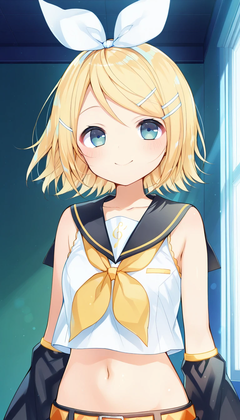 (masterpiece),best quality,amazing quality,very aesthetic,absurdres,newest,perfect body,shiny skin,perfect eyes,detail1eye,well-defined fingers,well-defined fingernails,anime style,indoors,1girl,solo,upper body,(portrait:1.5),looking at viewer,facing viewer,smile,blush,aged down,Komeshiro Kasu style,kagamine rin,short hair,blonde hair,floating hair,white hairband,hair bow,white bow,hairclip,swept bangs,blue eyes,collarbone,bare shoulders,black sailor collar,white shirt,sleeveless shirt,crop top,midriff,yellow neckerchief,black sleeves,detached sleeves,medium breasts,navel,stomach,orange belt,fringe,short shorts,black shorts,leg warmers,white footwear,<lora:Kagamine Rin(voc)-Illus-Remake:1.6>,<lora:Komeshiro Kasu[style]-Illus:1.6>,