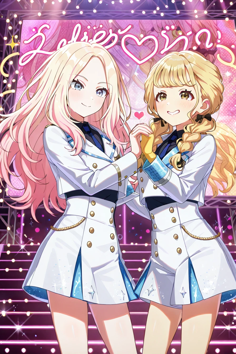 detailed background, shiny skin, posing,
heart, bloom, glitter, sparkle,
<lora:gakumas.il:1>,
gakumas,
2girls,
kotone,nervous,
sena, smile,
looking each other,