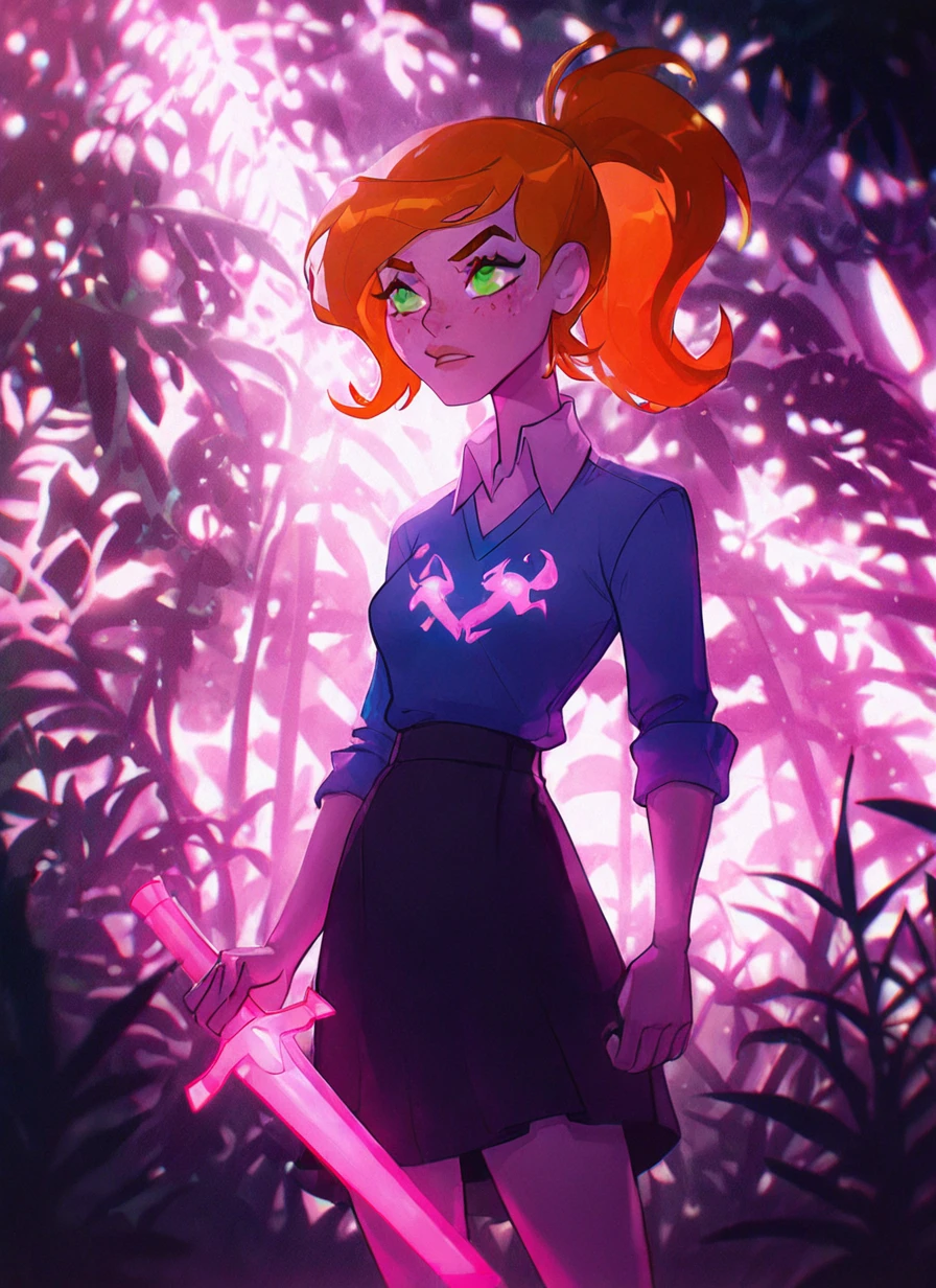 <lora:ovgwen-10:1> ovgwen, green eyes, orange hair, 1girl, ponytail, freckles, blue jumper shirt, white collar, black skirt, jungle background <lora:WSSKX_WAI:1>, glowing mana, glowing light, pink light, pink glowing constructs, pink sword, glowing pink sword,