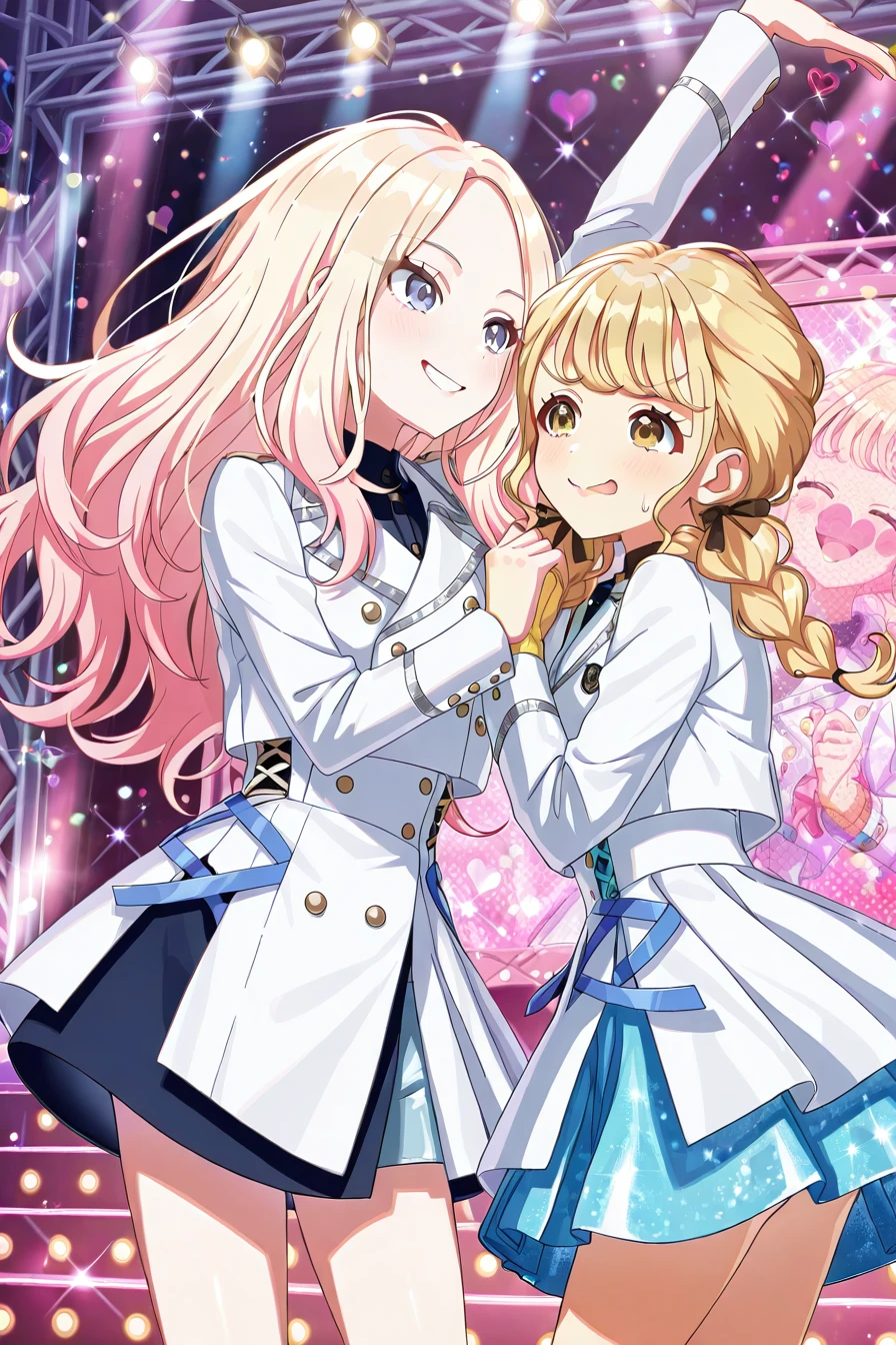 detailed background, shiny skin, posing,
heart, bloom, glitter, sparkle,
<lora:gakumas.il:1>,
gakumas,
2girls,
kotone,nervous,
sena, smile,
looking each other,