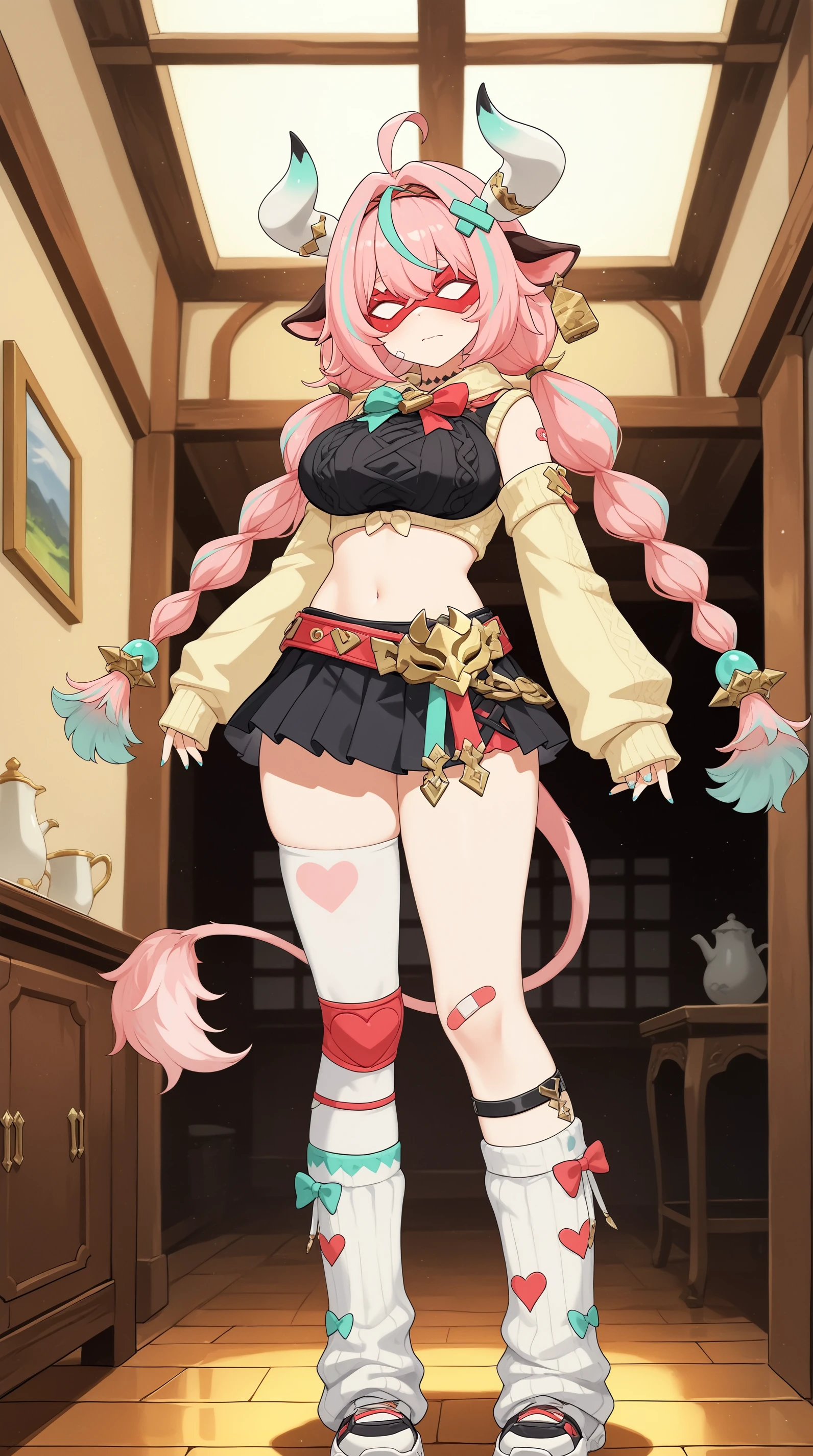 masterpiece, best quality, indoors, cinematic lighting, amazing quality, very aesthetic, absurdres, best quality, 4k, upscale, Varesa, 1girl, solo, horns, pink hair, ahoge, skirt, animal ears, bandaid, navel, detached sleeves, mask, breasts, full body, multicolored hair, twintails, loose socks, tail, cow ears, long hair, sleeves past wrists, braid, twin braids, black skirt, midriff, thighhighs, socks, streaked hair, crop top <lora:Varesa_IL:0.8>