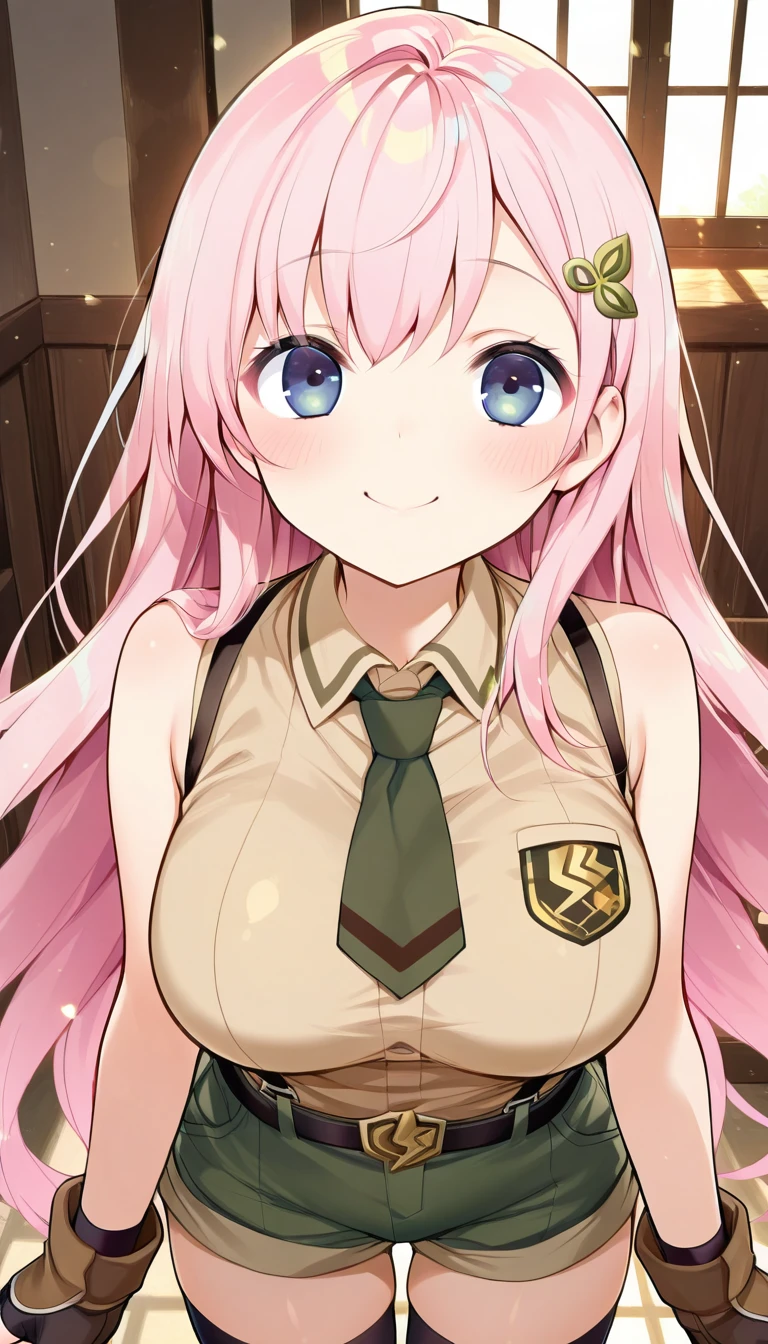 (masterpiece),best quality,amazing quality,very aesthetic,absurdres,newest,perfect body,shiny skin,perfect eyes,detail1eye,well-defined fingers,well-defined fingernails,anime style,indoors,1girl,solo,upper body,(portrait:1.5),looking at viewer,facing viewer,smile,blush,aged down,Komeshiro Kasu style,Novice female,Novice female uniform,very long hair,pink hair,floating hair,bangs,blue eyes,collared shirt,sleeveless shirt,beige shirt,large breasts,dark green necktie,bare arms,fingerless gloves,black belt,suspender shorts,green shorts,short shorts,shorts rolled up,zettai ryouiki,black thighhighs,boots,<lora:TNT-Novice female(tnt)-Illus:1.4>,<lora:Komeshiro Kasu[style]-Illus:1.4>,