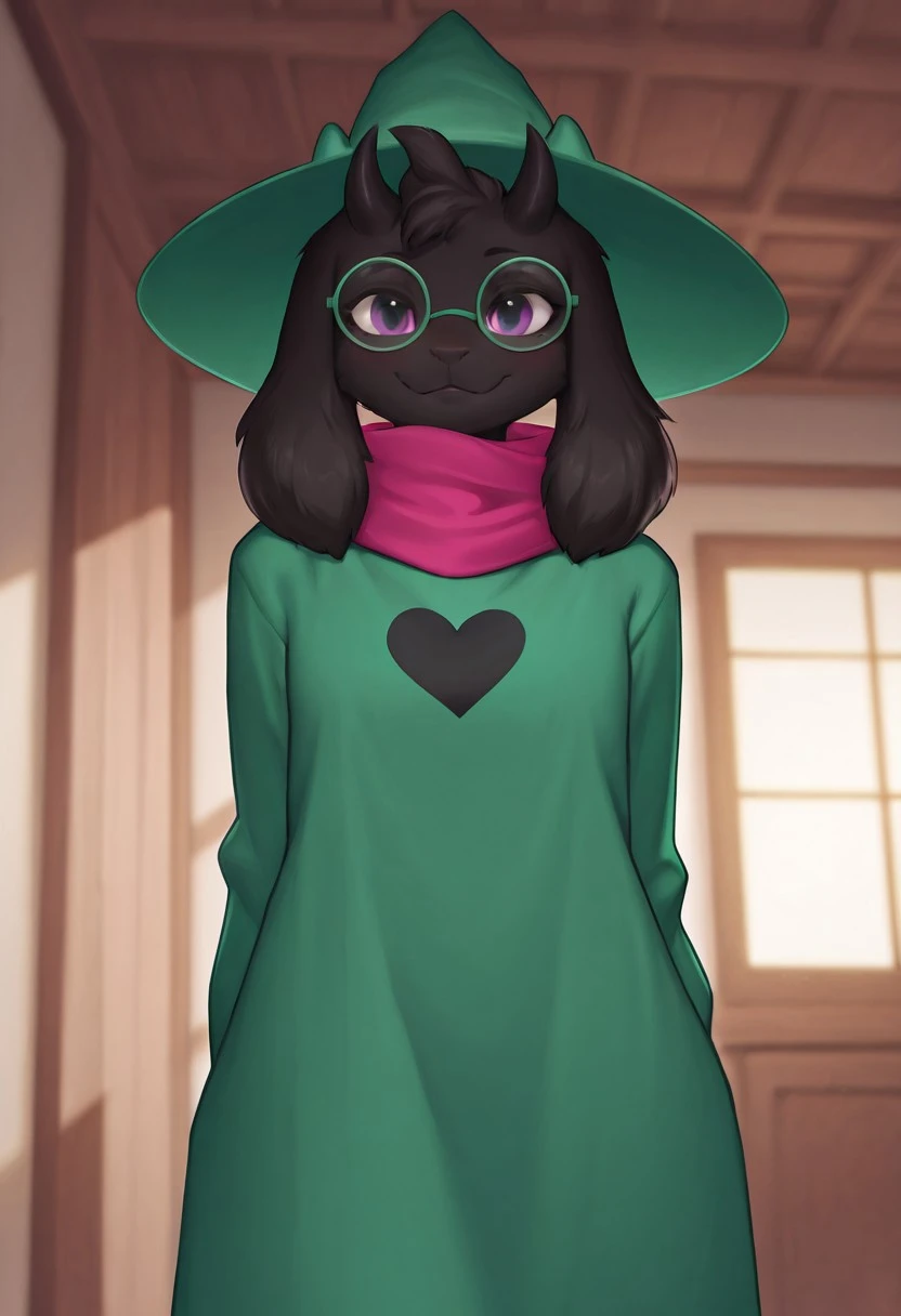 masterpiece, best quality, amazing quality, very aesthetic, high resolution, ultra-detailed, absurdres, newest, scenery, 1girl, solo
asura_style, ralsei_altform_illust, black_body, black_fur, horn, hat, glasses, scarf, clothed,clothing,
BREAK, detailed background, detailed hair, depth of field, photorealistic details, volumetric lighting
