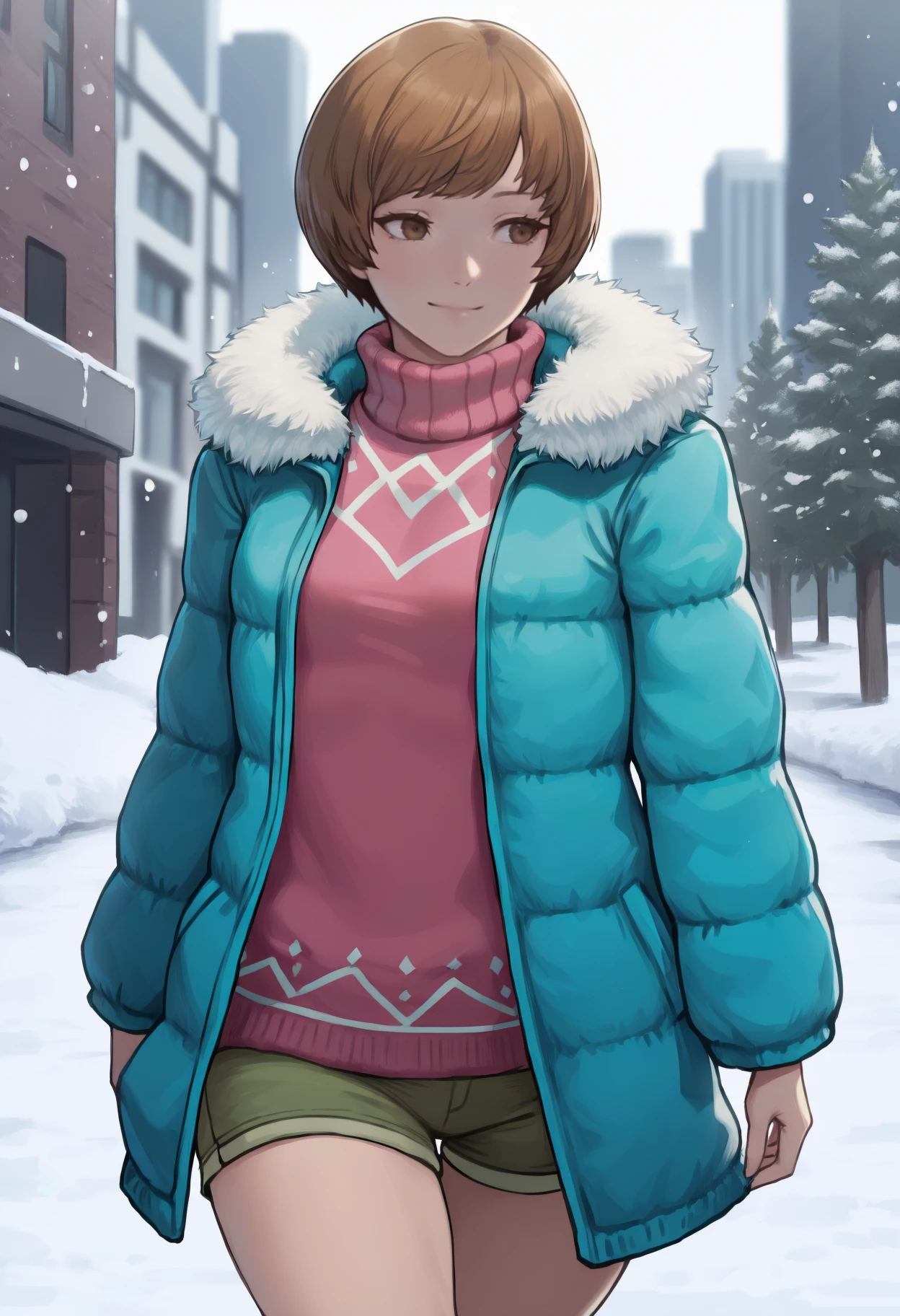 masterpiece, best quality, newest, solo, 1girl, ch1ewinter, slight smile, looking away, walking, short hair, brown hair, brown eyes, winter clothes, fur trim, aqua coat, fur-trimmed coat, open coat, long sleeves, pink sweater, turtleneck sweater, green shorts, short shorts, outdoors, snow, city
<segment:yolo-Anzhc Face seg 640 v2 y8n.pt,0.4,0.5//cid=1>