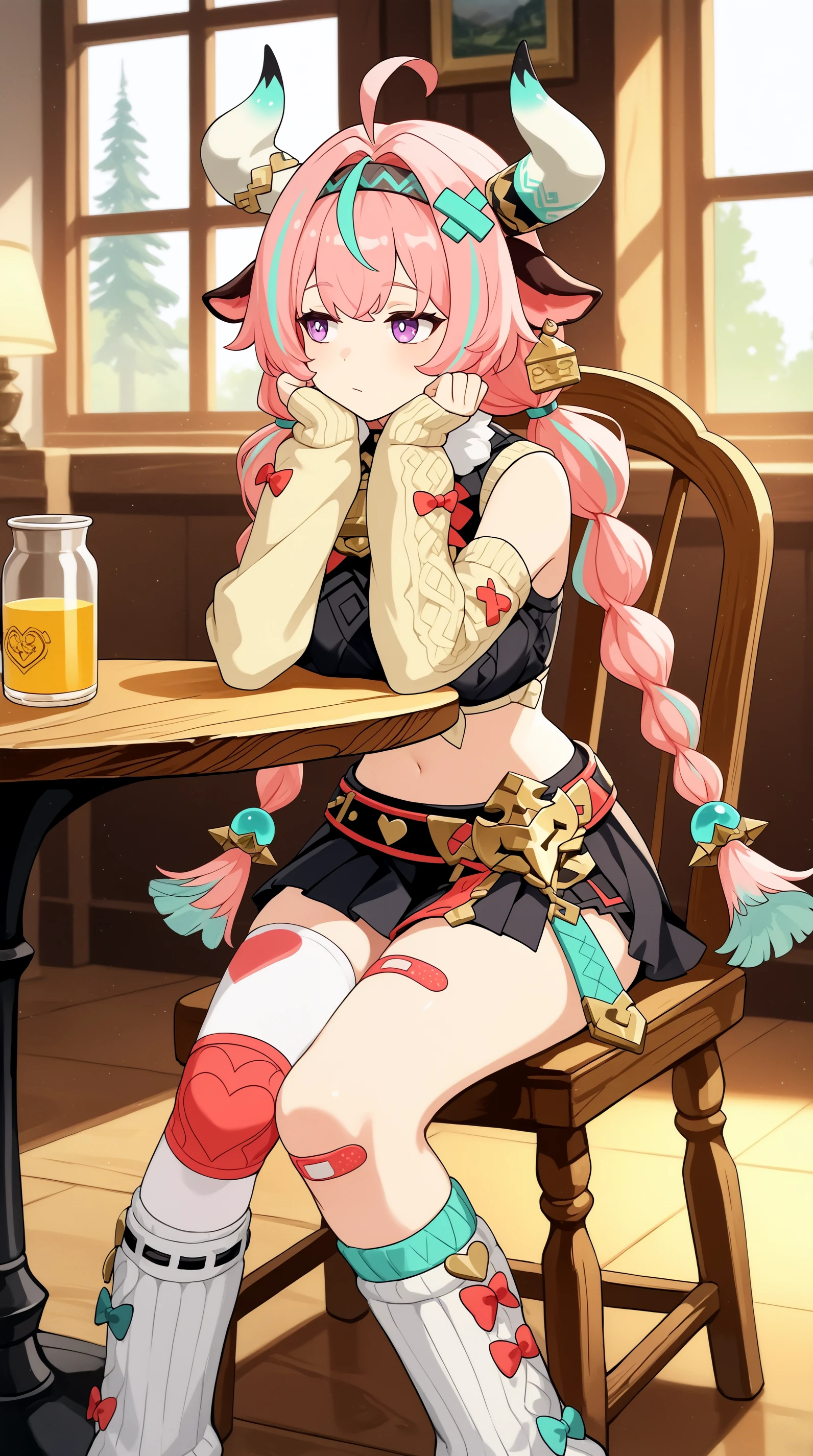 masterpiece, best quality, sitting, indoors, chair, table, bored, looking away, window, indoors, cinematic lighting, amazing quality, very aesthetic, absurdres, best quality, 4k, upscale, Varesa, streaked hair, multicolored hair, pink hair, ahoge, animal ears, purple eyes, long hair, twin braids, bangs, cow horns, hair ornament, cow ears, navel, bandaid, black skirt, twin braids, leg warmers, socks, bandaid on leg, midriff, hairband, thighhighs, heart <lora:Varesa_IL:0.8>