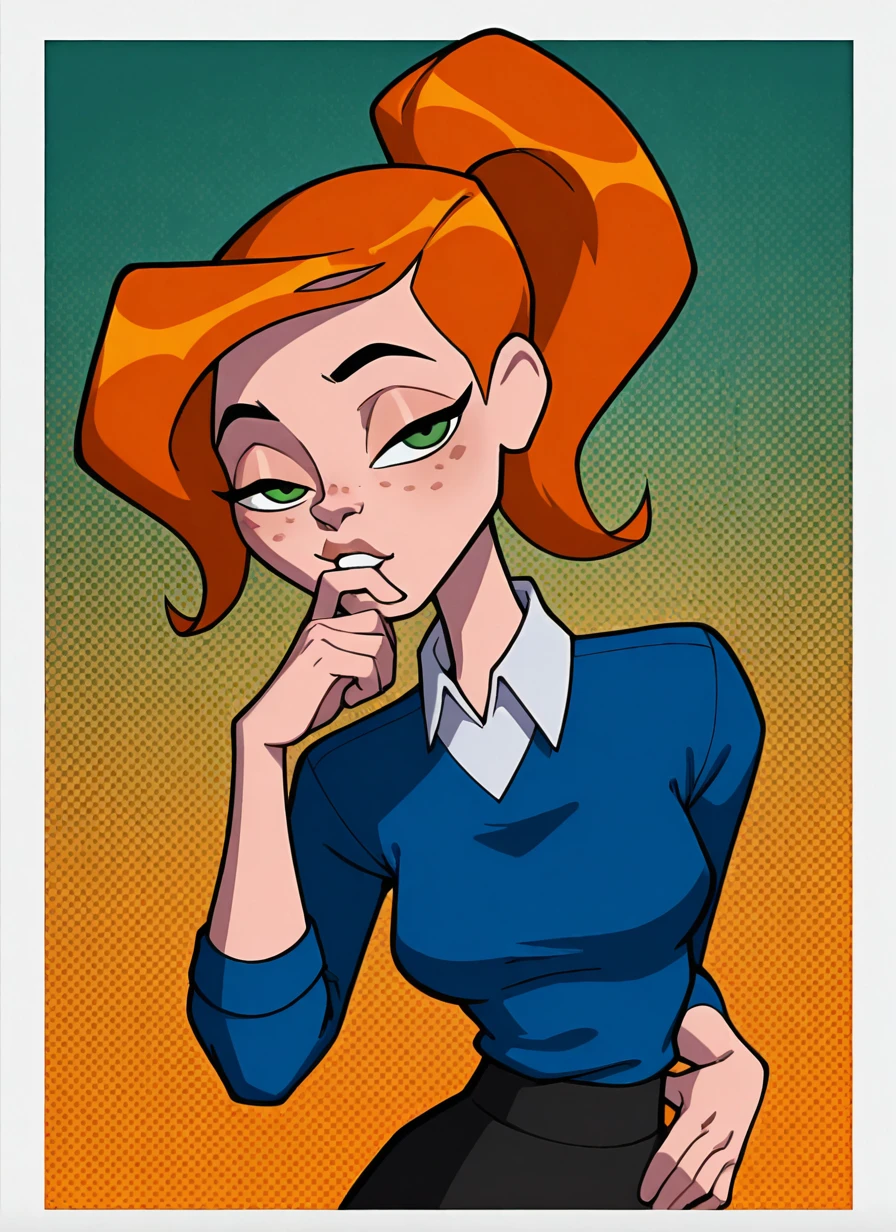 <lora:ovgwen-10:1> ovgwen, green eyes, orange hair, 1girl, ponytail, freckles, blue jumper shirt, white collar, black skirt, upper body, leaning to side, hands on hips, hand near mouth, half closed eyes,, portrait, halftone effect, white borders, abstract background:1.2,