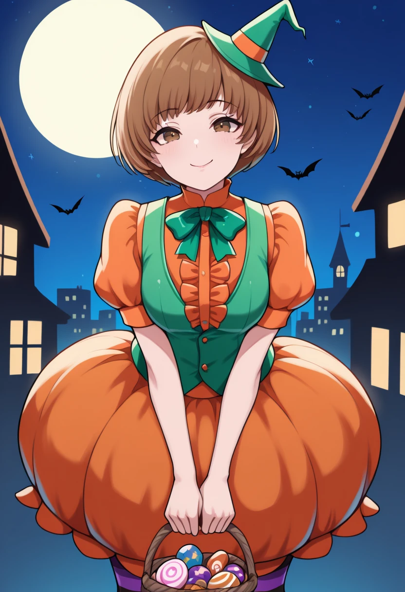 masterpiece, best quality, newest, solo, 1girl, ch1ehalloween, smile, looking at viewer, v arms, holding basket, short hair, brown hair, green headwear, mini witch hat, brown eyes, green vest, orange shirt, center frills, green bowtie, puffy short sleeves, orange skirt, bubble skirt, purple pantyhose, black pantyhose, striped pantyhose, outdoors, night, full moon, star \(sky\), halloween, city