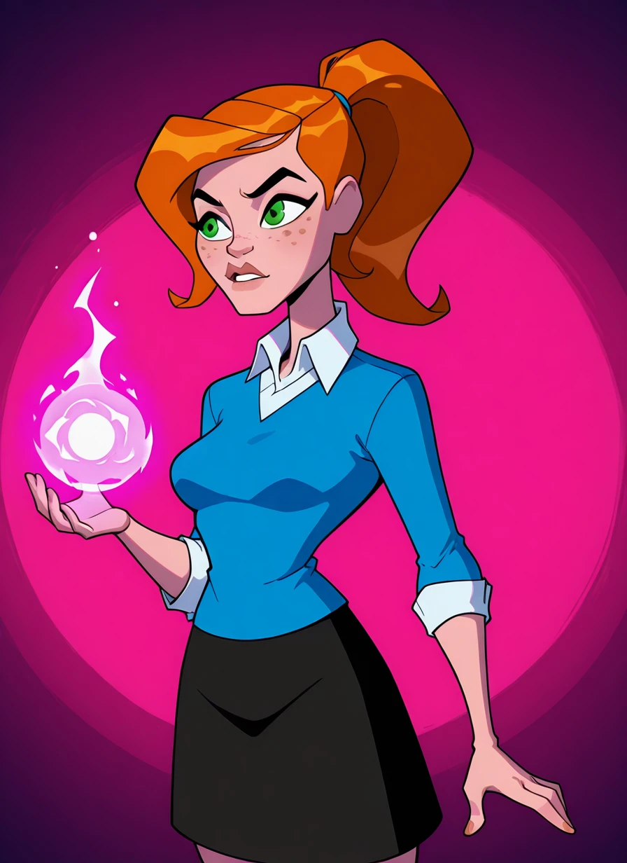 <lora:ovgwen-10:1> ovgwen, green eyes, orange hair, 1girl, ponytail, freckles, blue jumper shirt, white collar, black skirt,, detailed background, magic powers, pink powers