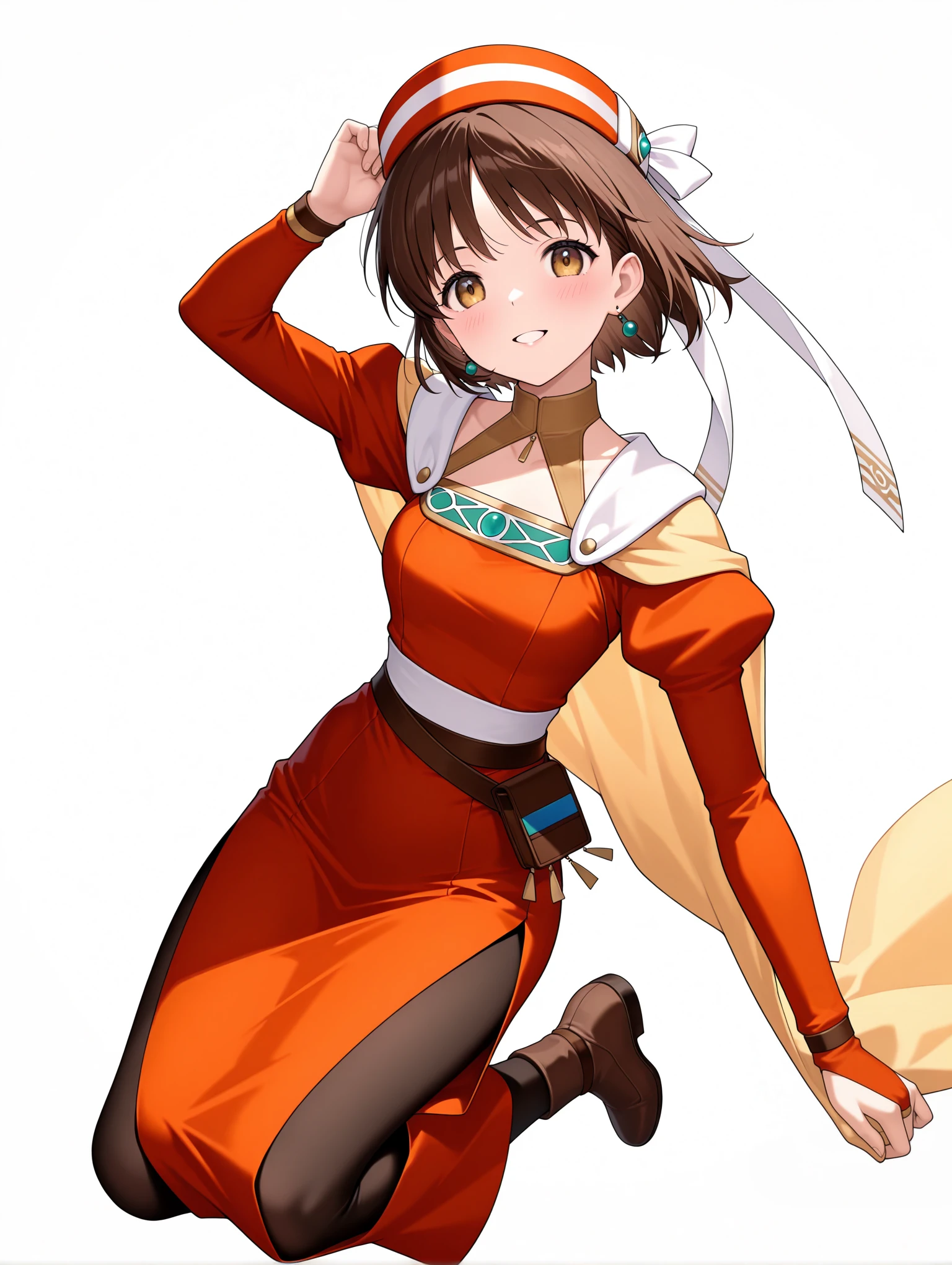 masterpiece, anime screencap, 1 girl, solo, brown hair, short hair, brown eyes, gray bodysuit, orange sleeves, green skirt, white leggings, sandals, wristbands, otudoors, valley, cowboy shot, full body <lora:Norma:1>