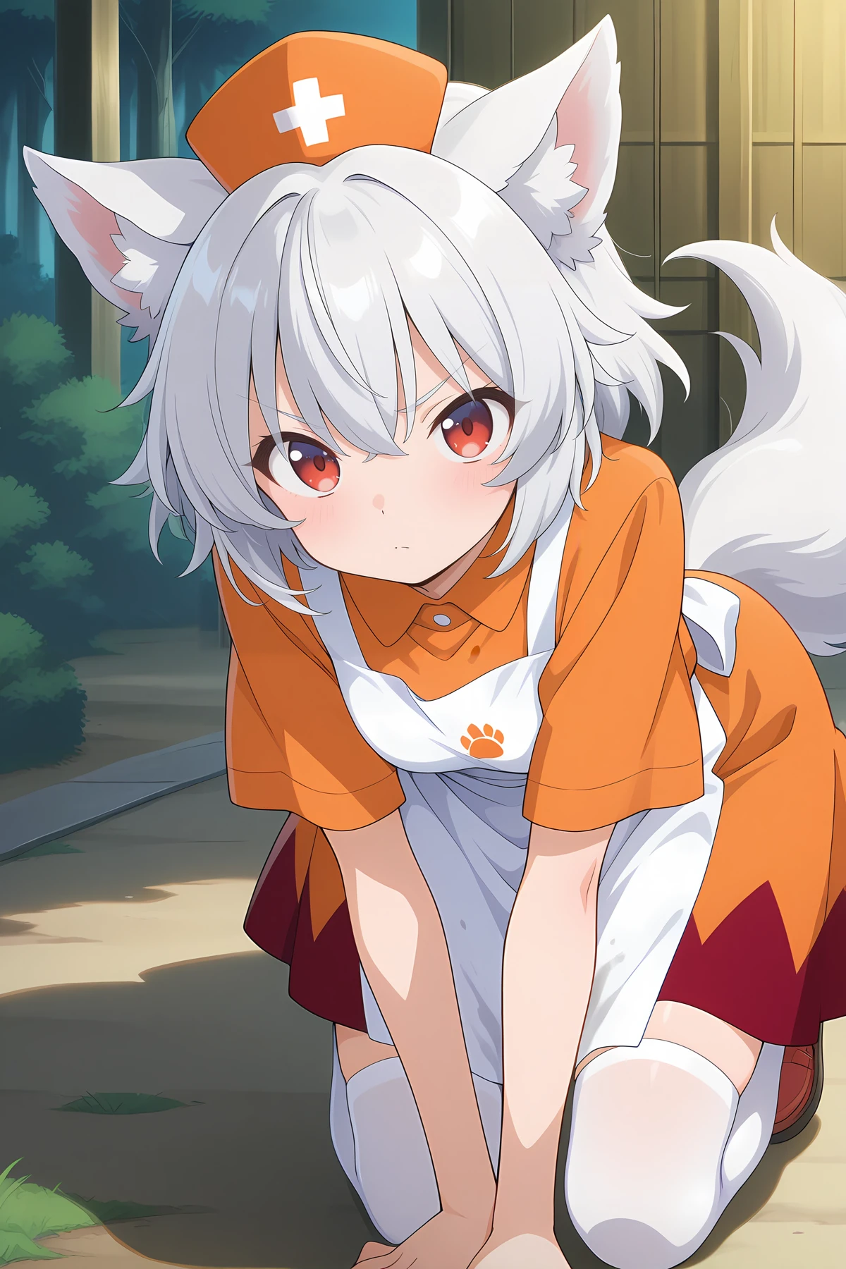 absurdres, highres, masterpiece, best quality, amazing quality, official anime artwork, screencap, anime screencap, outdoors, looking at viewer, serious, dynamic pose,
<lora:Momiji-Inubashiri_Illustrious:1> inubashiri momiji, 1girl, solo, red eyes, white hair, short hair, wolf ears, wolf tail,, orange headwear, paw print, white thighhighs, nurse, short sleeves, stained clothes, orange shirt, orange dress, white apron,