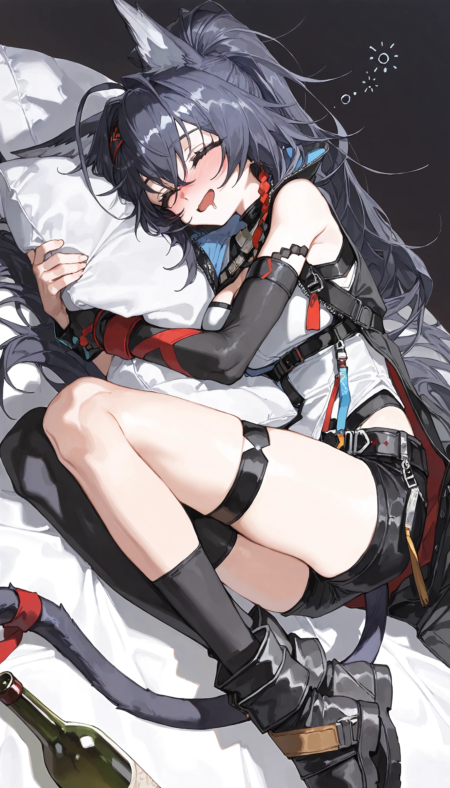 detailed illustration, dynamic angle, ultra-detailed, illustration, leather bdsm gear, leather bondage cuffs, red satin bed