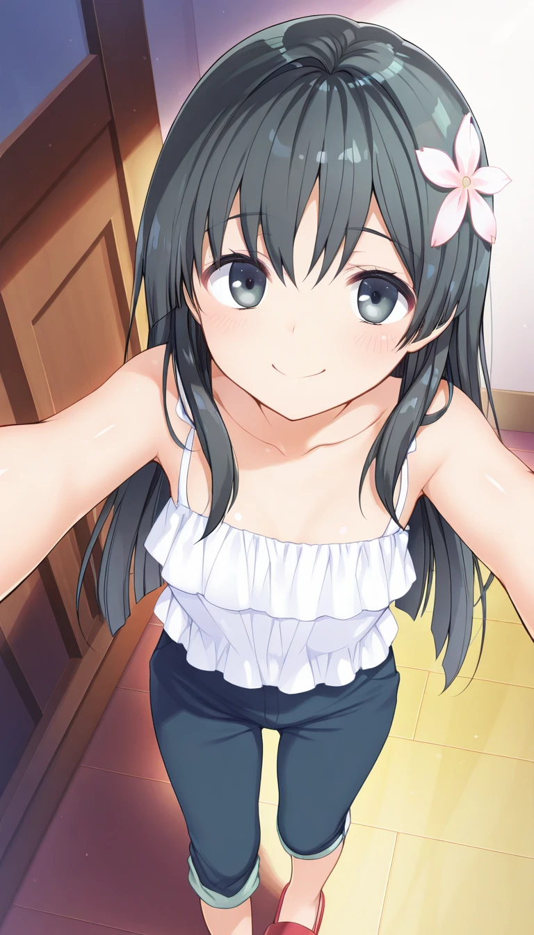 (masterpiece),best quality,amazing quality,very aesthetic,absurdres,newest,perfect body,shiny skin,perfect eyes,detail1eye,well-defined fingers,well-defined fingernails,anime style,indoors,1girl,solo,upper body,(portrait:1.5),looking at viewer,facing viewer,smile,blush,aged down,Komeshiro Kasu style,Saten Ruiko,casual clothes no.1,long hair,black hair,hair ornament,hair flower,sidelocks,bangs,black eyes,bare shoulders,camisole,white shirt,frilled shirt,medium breasts,dark blue pants,capri pants,pants rolled up,sandals,red footwear,<lora:Saten Ruiko(omrg)-Illus:1.6>,<lora:Komeshiro Kasu[style]-Illus:1.6>,